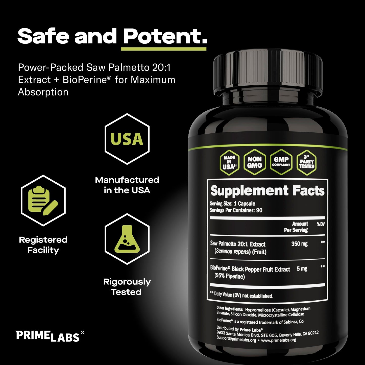 Prime Labs Saw Palmetto for Men 350 mg 20:1 Extract Capsules 90 Count
