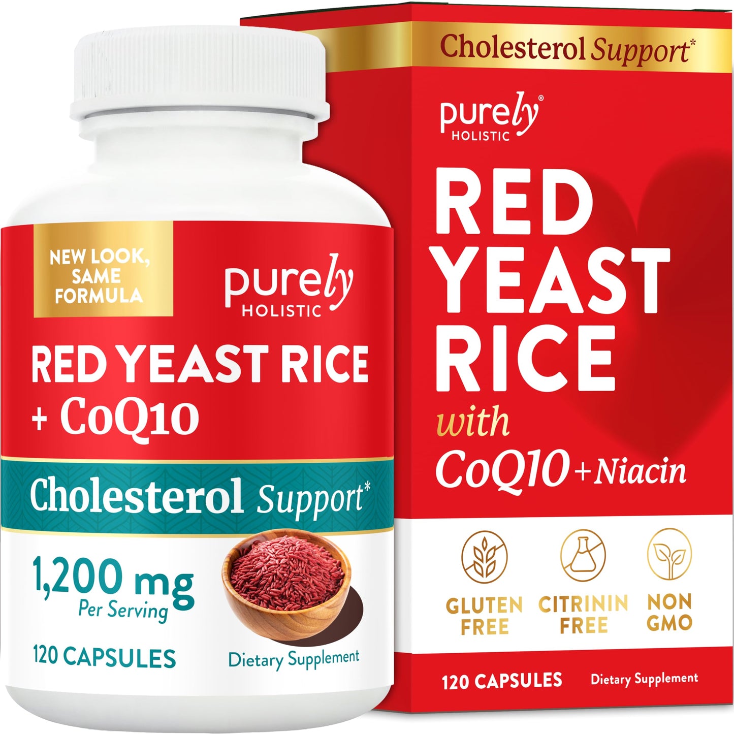 Purely Holistic Red Yeast Rice with CoQ10 Supplement Capsules 120 Count