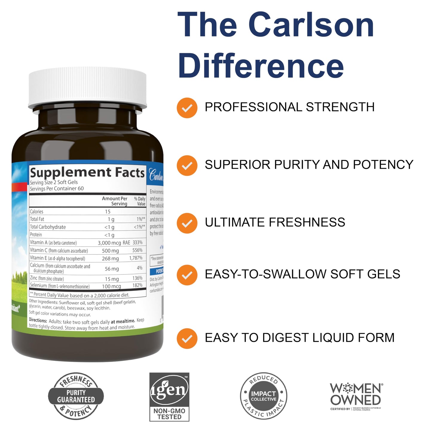 Carlson ACES + Zn, Vitamins A, C, E + Selenium & Zinc, Cellular Health & Immune Support, Antioxidant, 120 Softgels