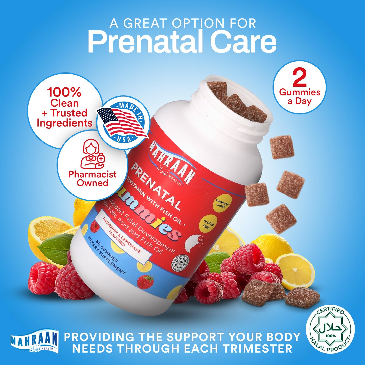 NAHRAAN HEALTH Halal Prenatal Gummies for Women Halal Gummy Prenatal Vitamins with DHA and Folic Acid for Before/During/After Pregnancy, 60 Count