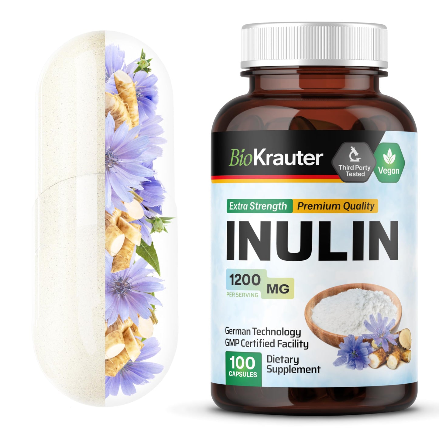 BIO KRAUTER Inulin Powder from Chicory Root Capsules, 250 Count