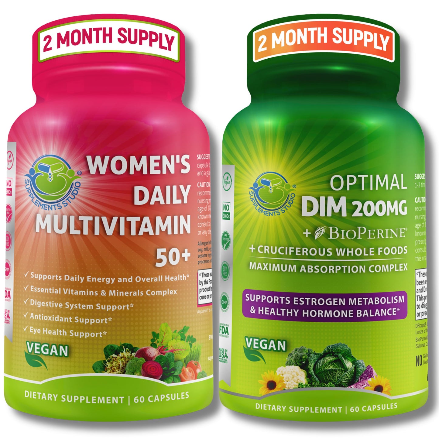 SUPPLEMENTS STUDIO Vegan Bundle for Hormone Balance, Energy, Immunity Women’s Daily Multivitamin 50+ with Organic Superfood Blend + DIM 200mg Supplement with BioPerine Capsule, 120 Count