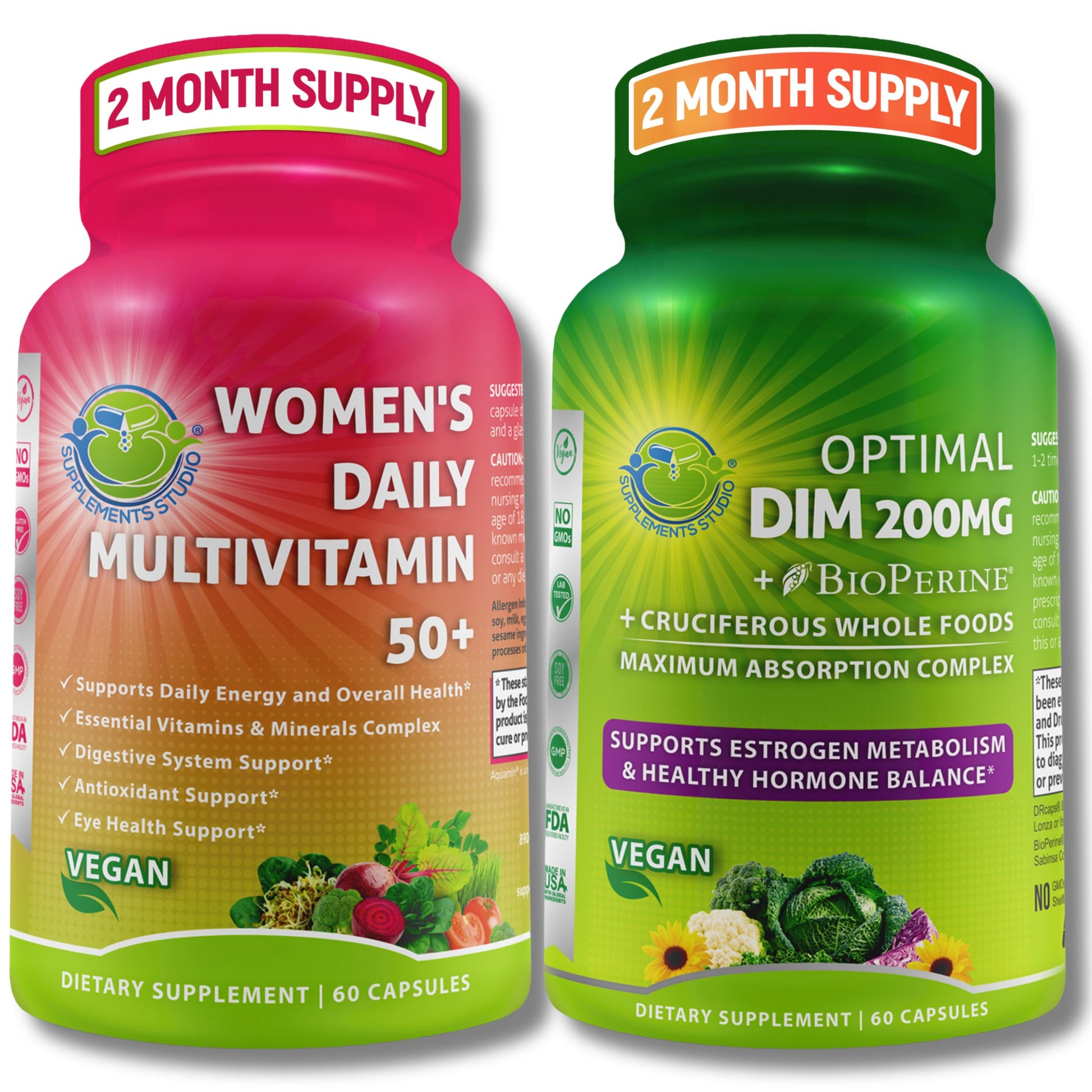 SUPPLEMENTS STUDIO Vegan Bundle for Hormone Balance, Energy, Immunity Women’s Daily Multivitamin 50+ with Organic Superfood Blend + DIM 200mg Supplement with BioPerine Capsule, 120 Count