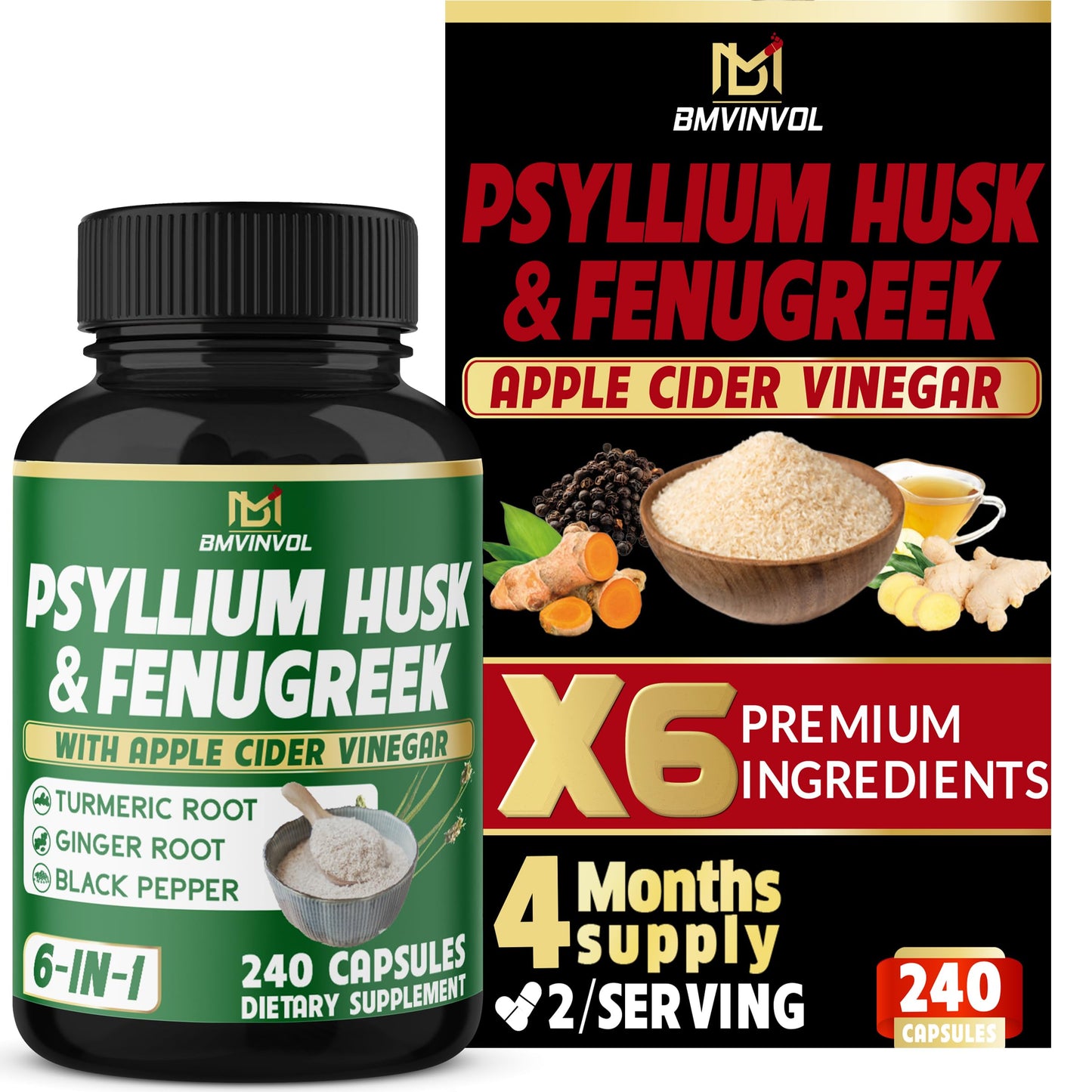 BMVINVOL 6in1 Psyllium Husk, Fenugreek, Apple Cider Vinegar, Turmeric, Ginger, Black Pepper Capsules, 240 Count