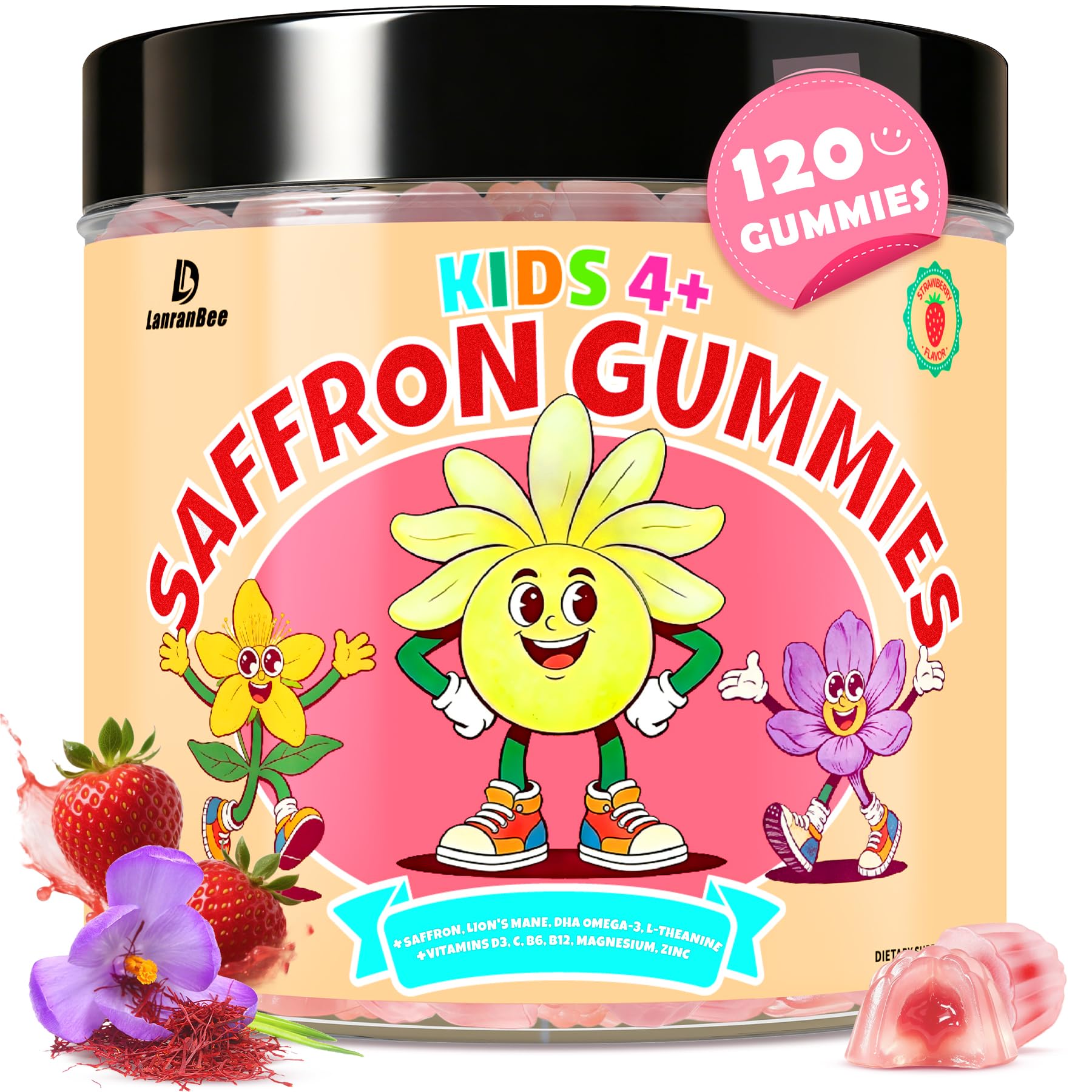 LanranBee Saffron Gummies for Kids & Adults – Calm Focus Mood Support Gummies for Kids 4+ with Magnesium Glycinate, Vegan Omega-3 DHA EPA, L-Theanine, Lion’s Mane, Brain & Immune Support, Sugar Free, 120 Ct