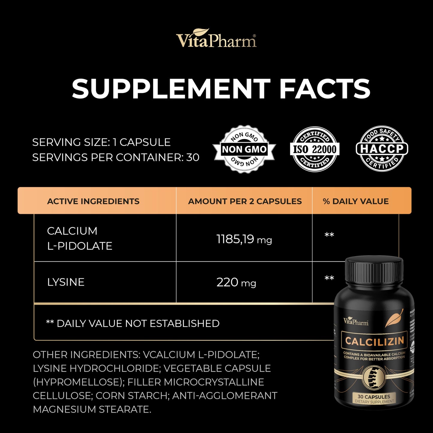 VitaPharm Lysine Supplement Capsules 30 Count
