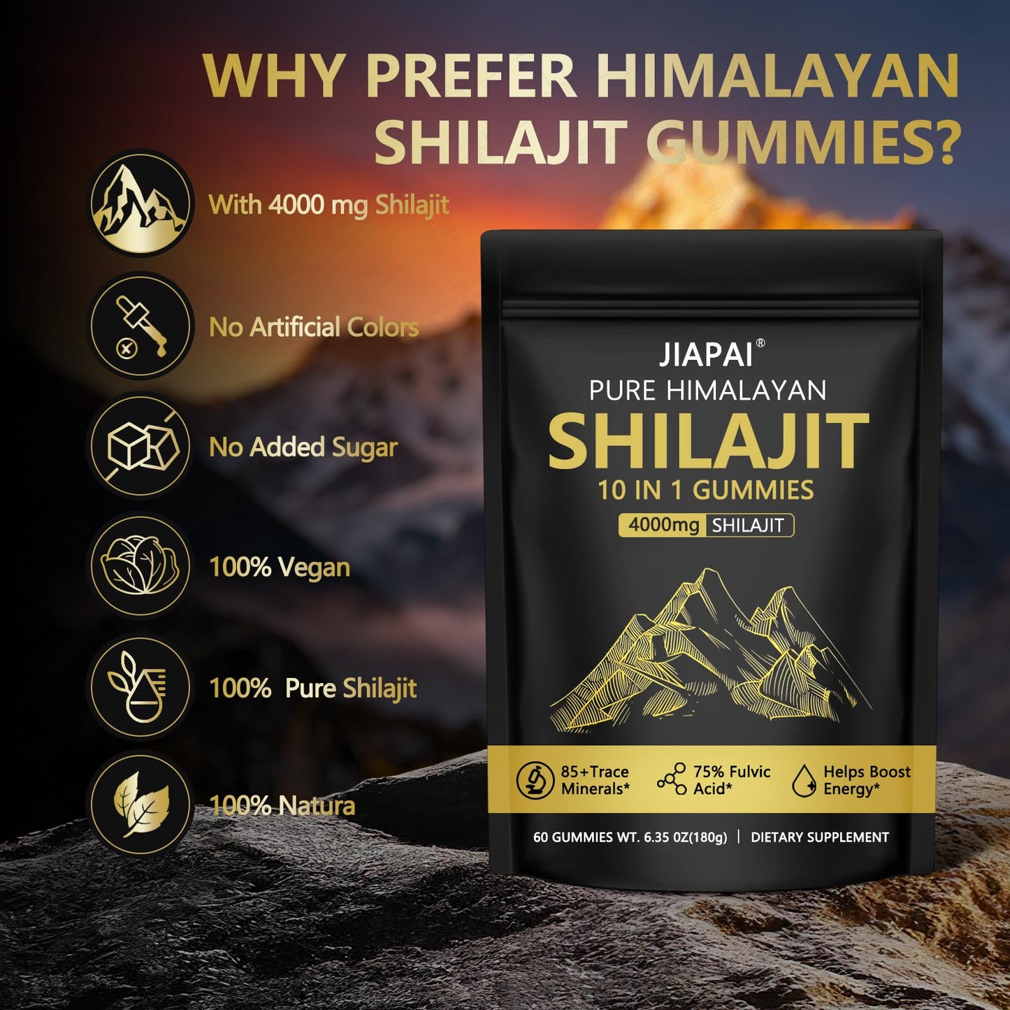 JIAPAI Himalayan Gold Shilajit Gummies 60 Count