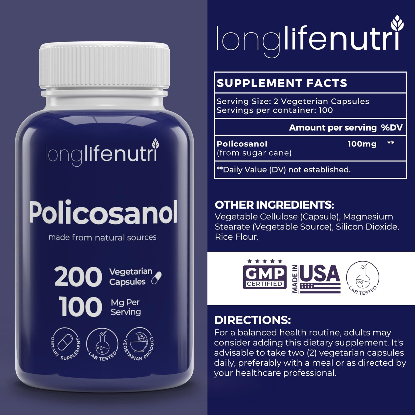 LongLifeNutri Policosanol 100mg Capsules, 200 Count