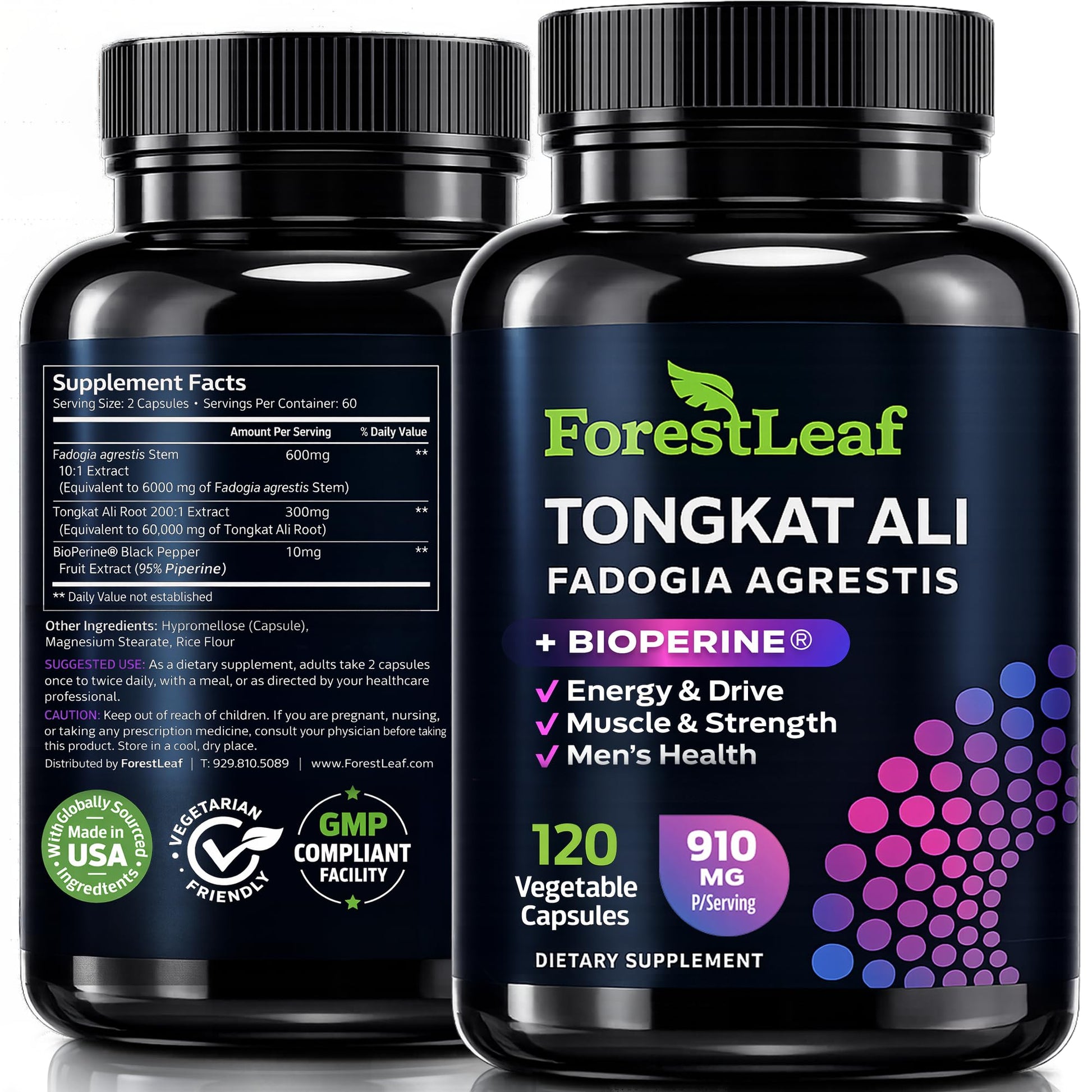 ForestLeaf Tongkat Ali and Fadogia Agrestis for Men Supplement with BioPerine, 200:1 Extract, 120 Capsules