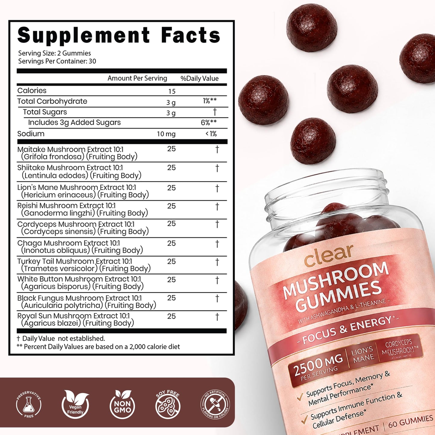 Clear Probiotics Mushroom Gummies for Focus & Energy, 60 Gummies