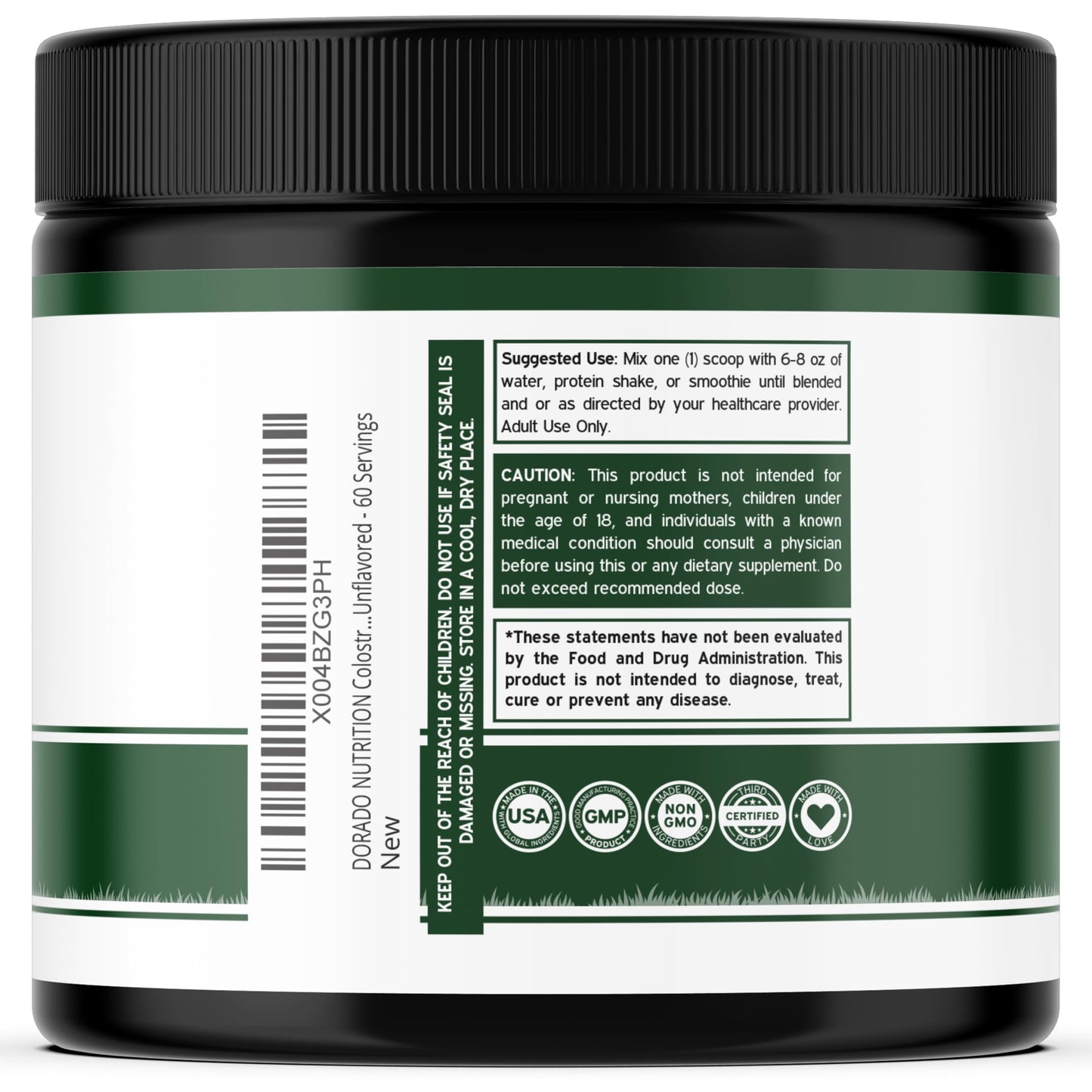 DORADO NUTRITION Colostrum Supplement Powder 3.17 oz, 60 Servings of 1.5 g Pure Bovine Colostrum 20% IgG, Grass Fed, No Fillers, Third Party Tested, Unflavored, Non-GMO