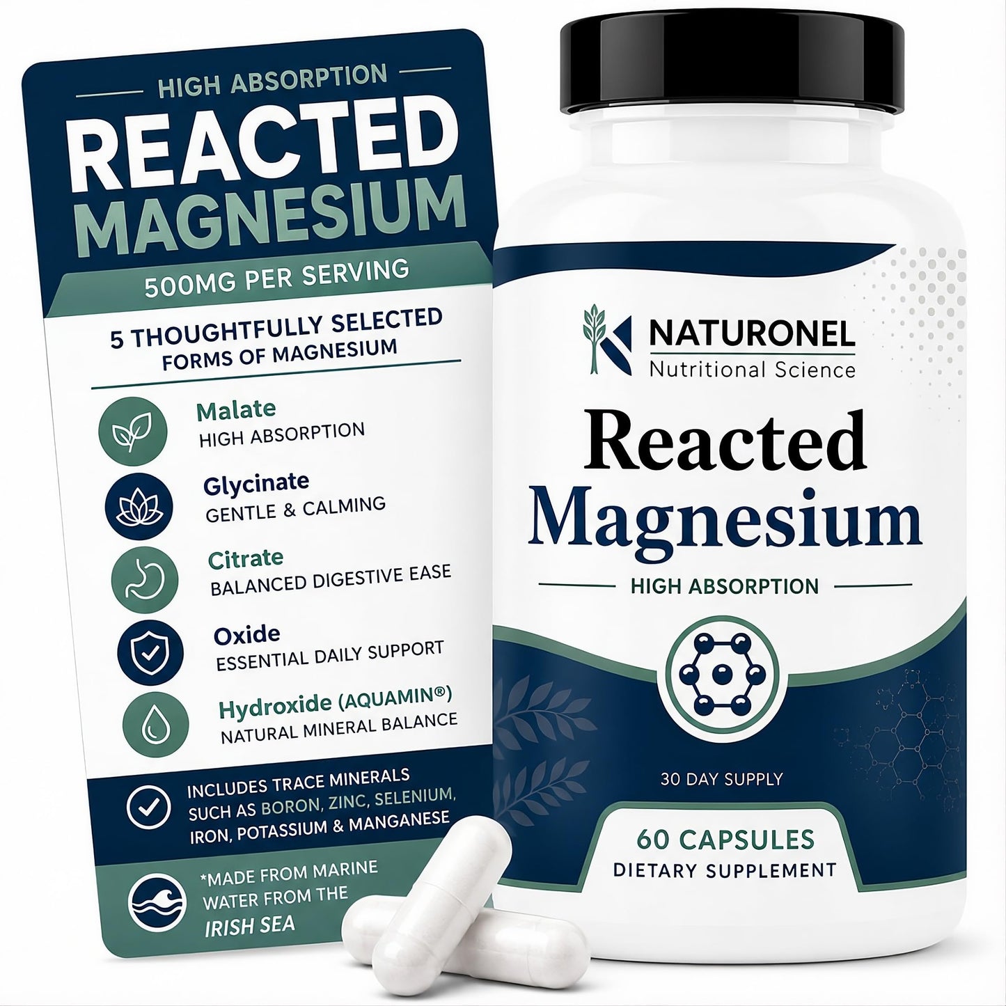 Naturonel Reacted Magnesium 500 mg Multi-Source Magnesium Complex Capsules, 60 Count