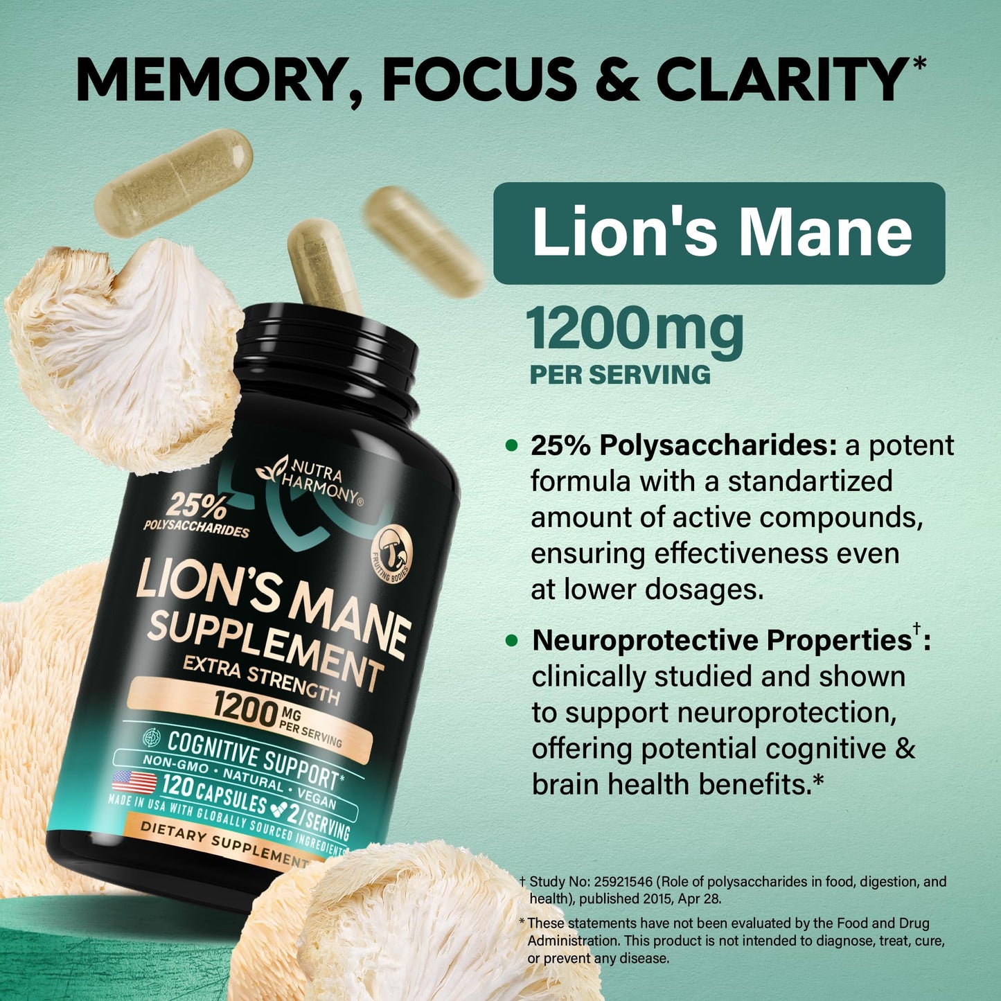 NUTRAHARMONY Lions Mane Supplement Capsules 120 Capsules