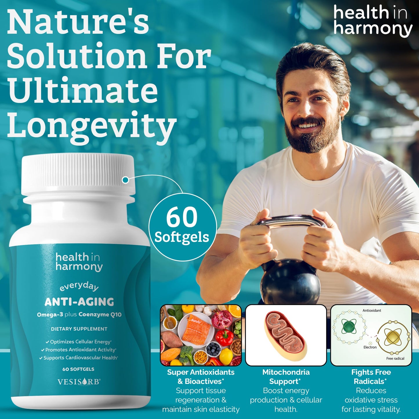 Health In Harmony CoQ10 + Omega-3 Softgels, 60 Count