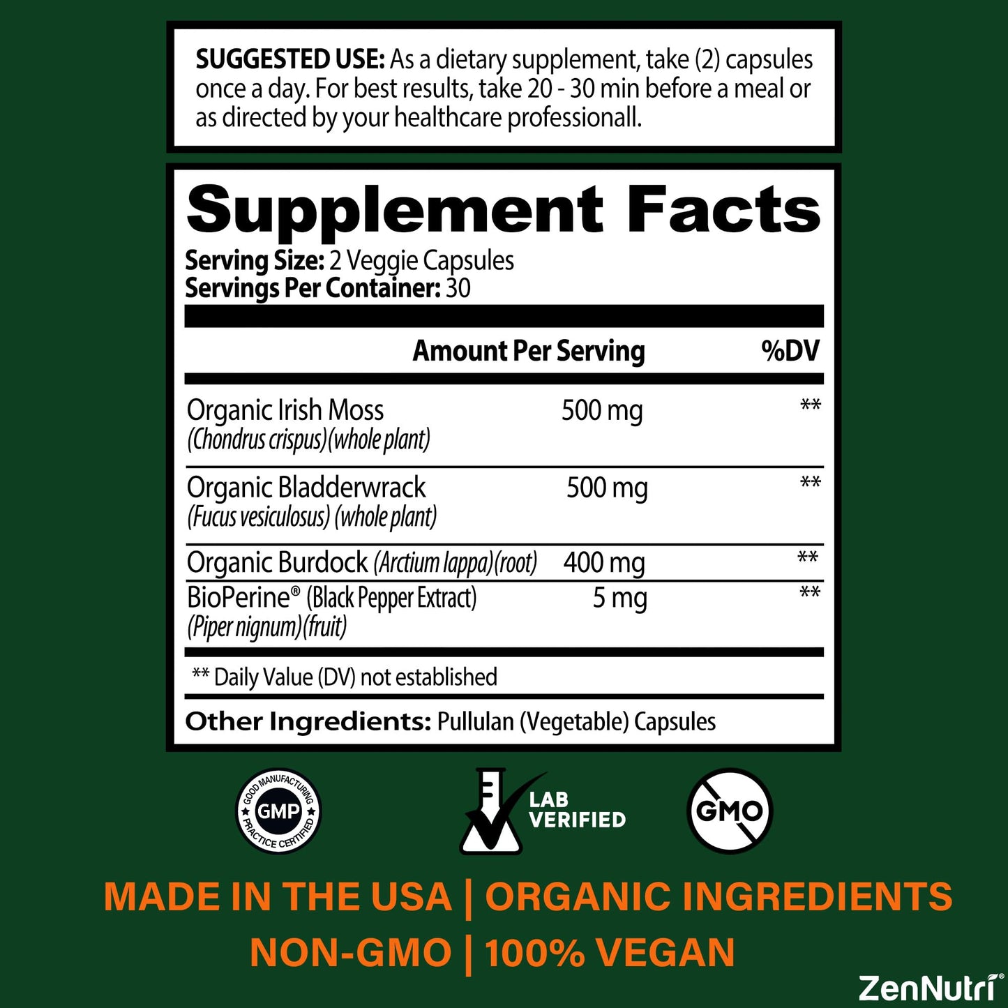 ZenNutri Organic Sea Moss Capsules, 60 Count