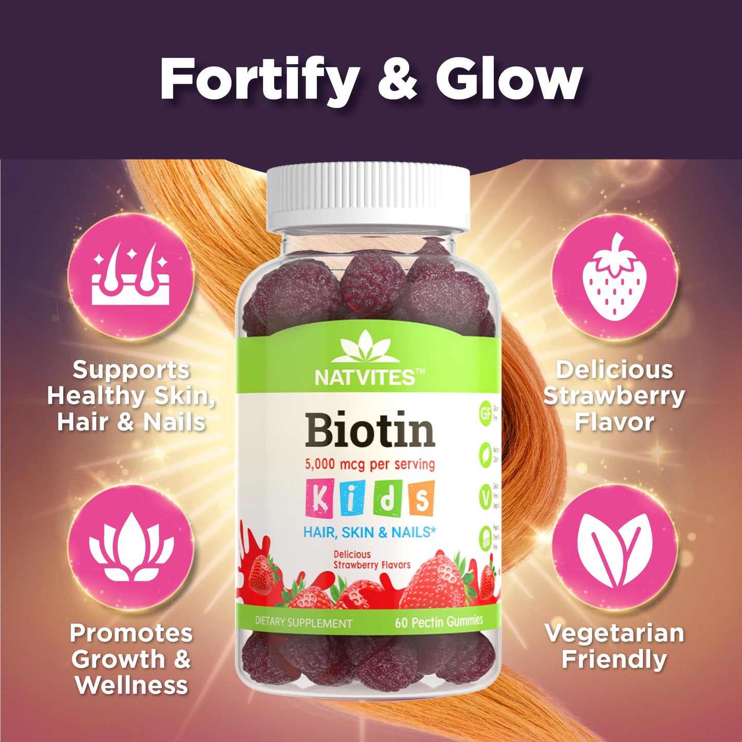 Natvites Kids Biotin Gummies for Hair Growth Support, 60 Count