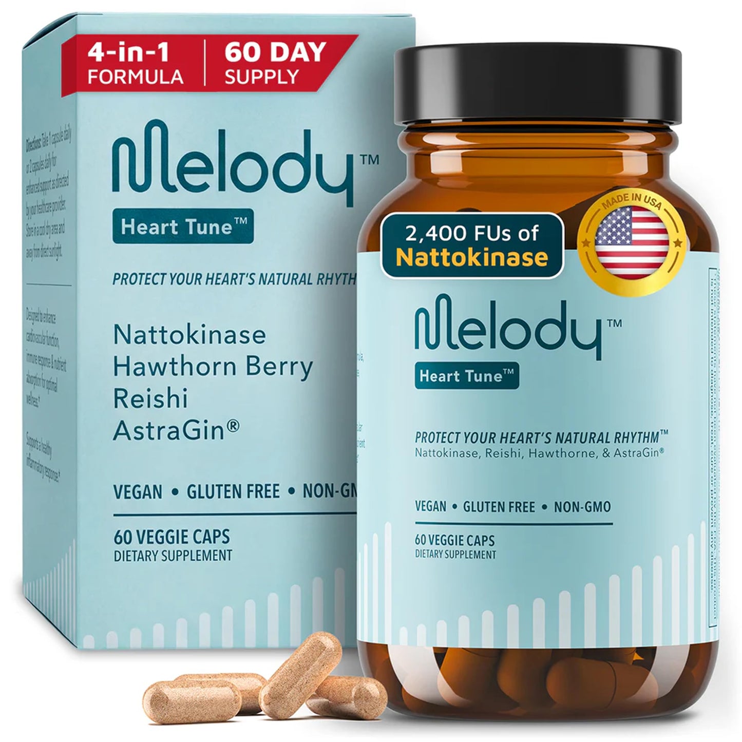 Melody Heart Tune 4 in 1, Adaptogenic Herbal Supplement, Nattokinase Capsules, 60