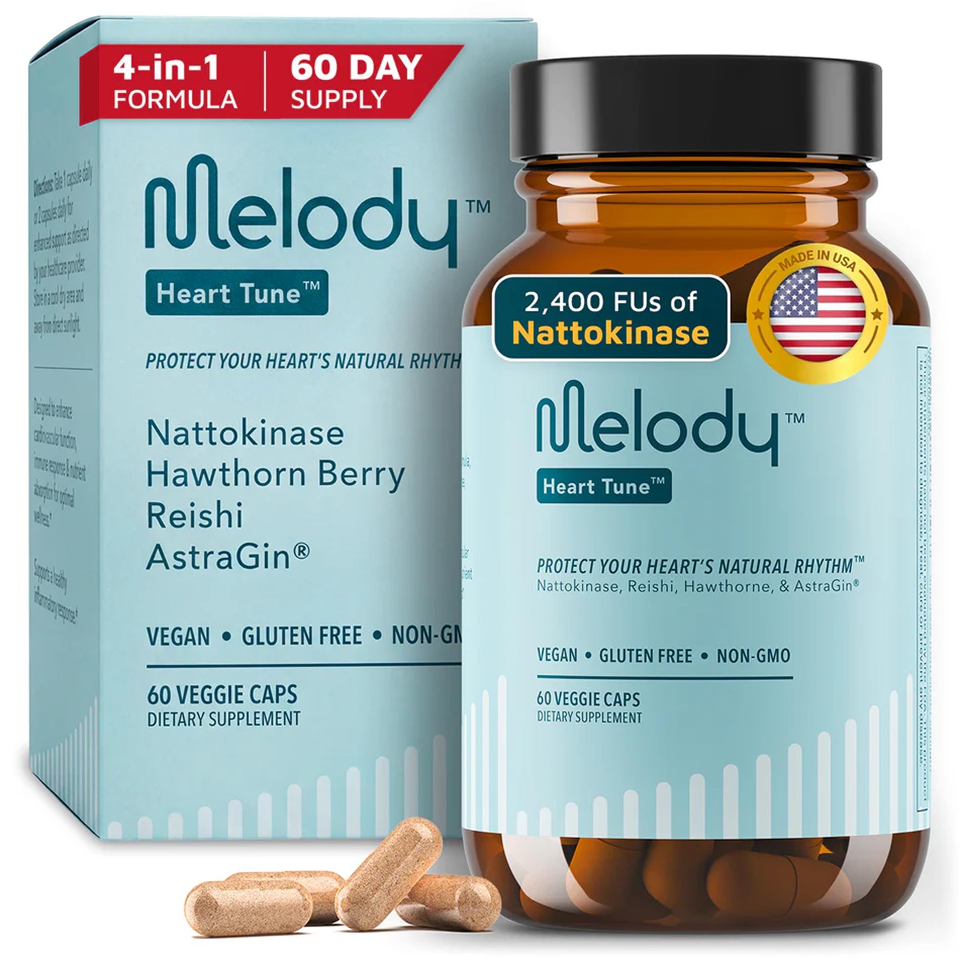 Melody Heart Tune 4 in 1, Adaptogenic Herbal Supplement, Nattokinase Capsules, 60