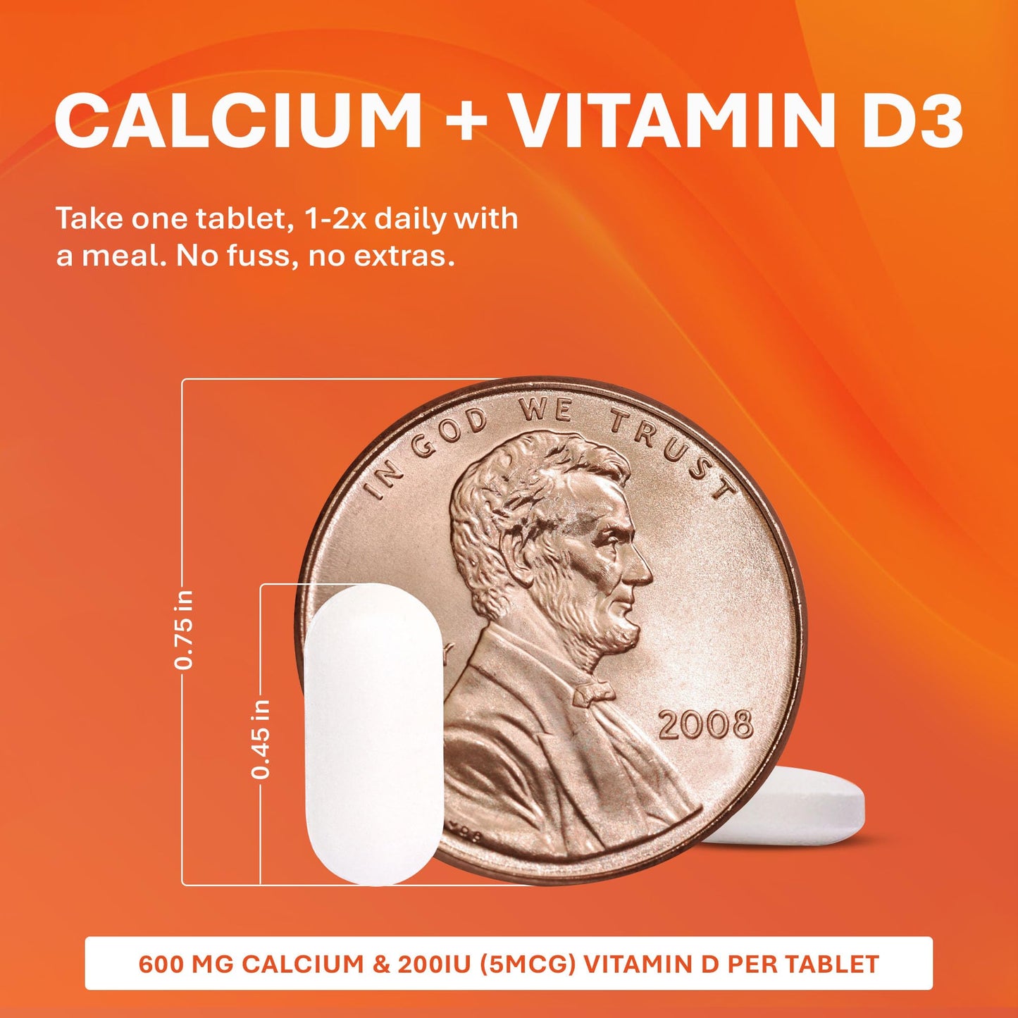 Rugby Laboratories Calcium 600 mg Tablets with Vitamin D3 200 IU (5 mcg), Gluten-Free Daily Vitamin D Dietary Supplement for Bone Health and Calcium Absorption, 60 Tablets