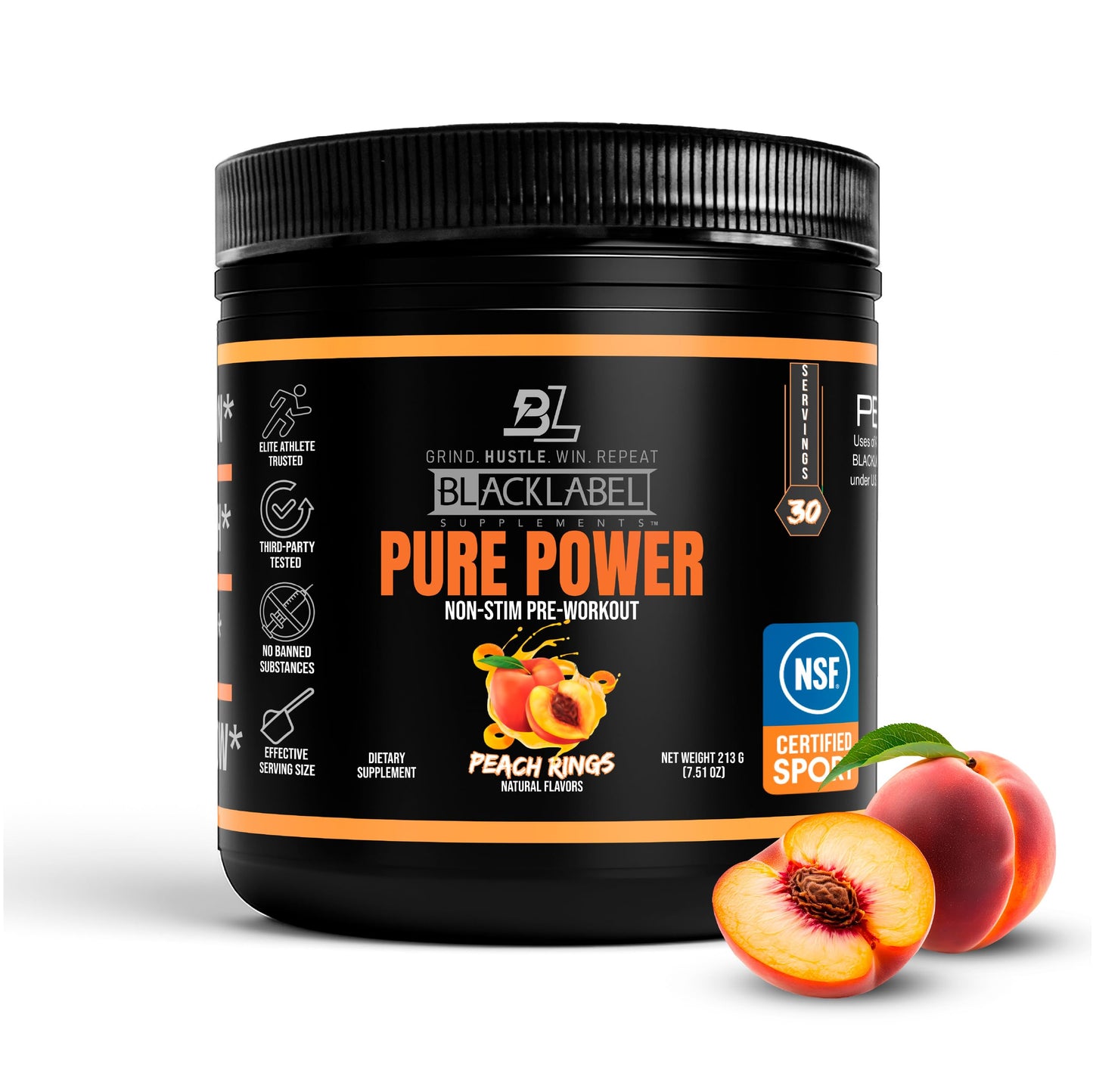 BLACKLABEL Supplements Pure Power NSF Certified for Sport Pre-Workout Powder (Peach Rings) 7.61