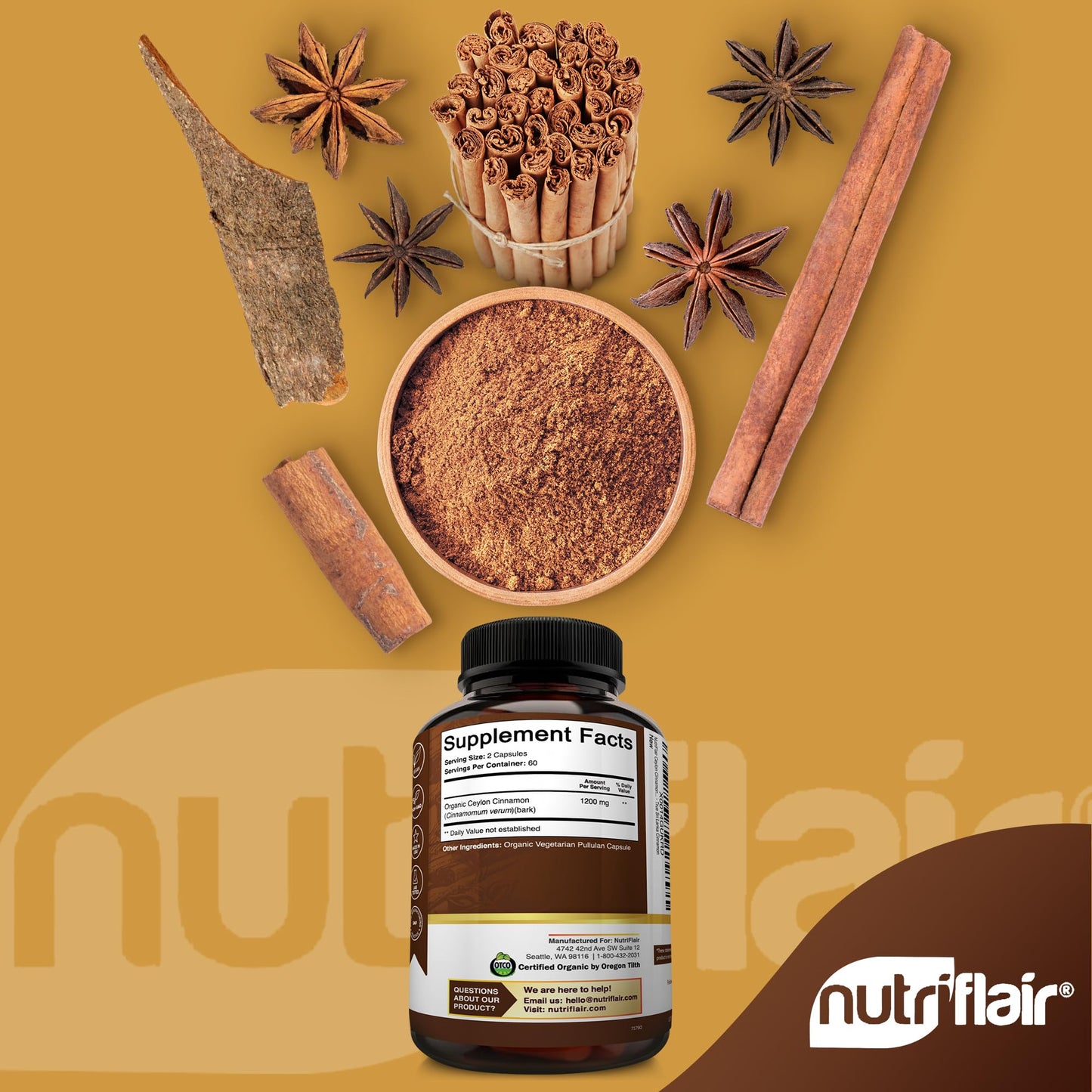 NutriFlair Organic Ceylon Cinnamon Supplement 1200mg Capsules 120 Count