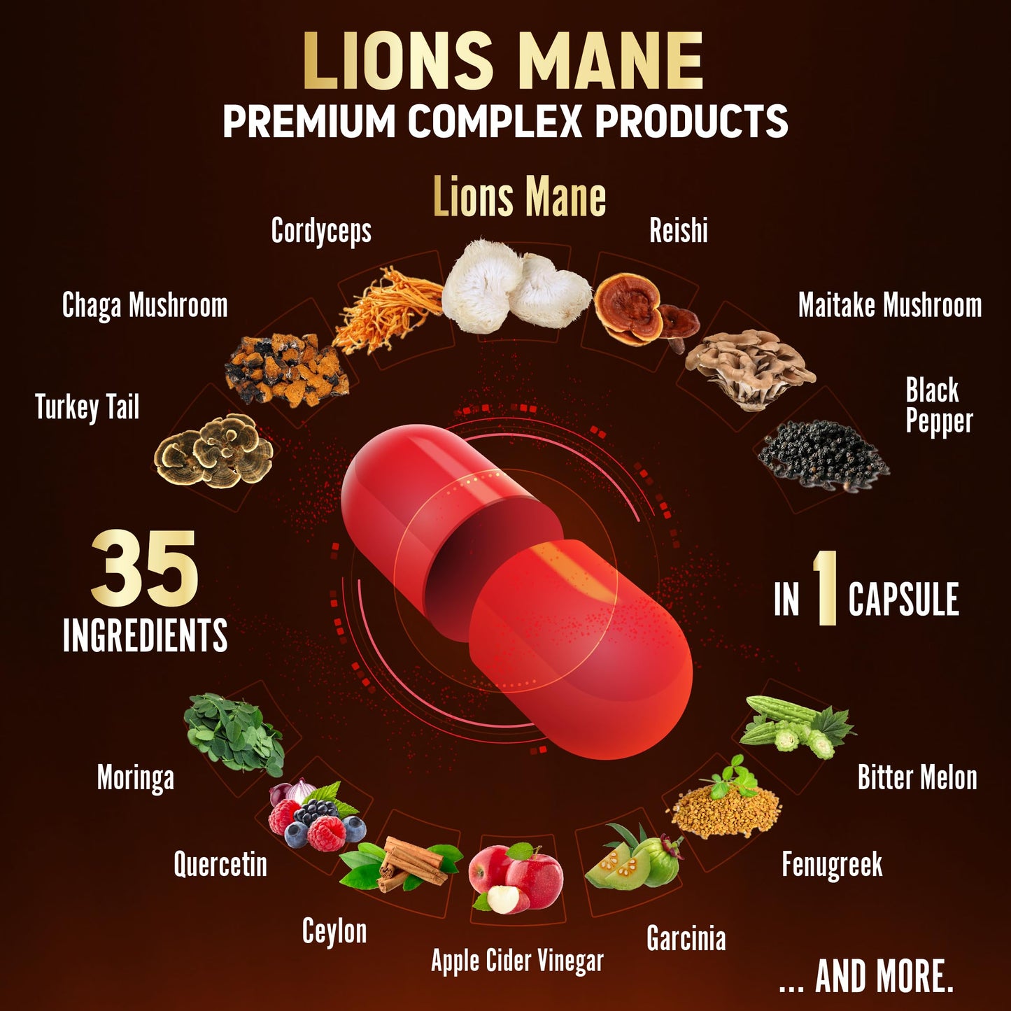 Zolotus 35 in 1 Lions Mane Mushroom Capsules with Cordyceps, Reishi, Elderberry, Ashwagandha, Panax Ginseng, 120 Count