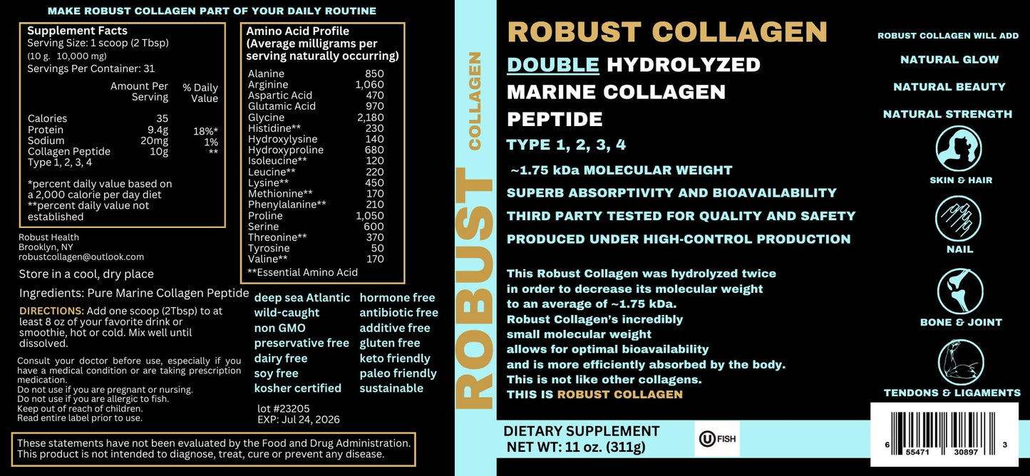 Generic Robust Collagen Double Hydrolyzed Marine Collagen Peptide Type 1-4, Extra Low Molecular Weight for Superb Bioavailability, Kosher Certified (OU), Powder, 11 oz
