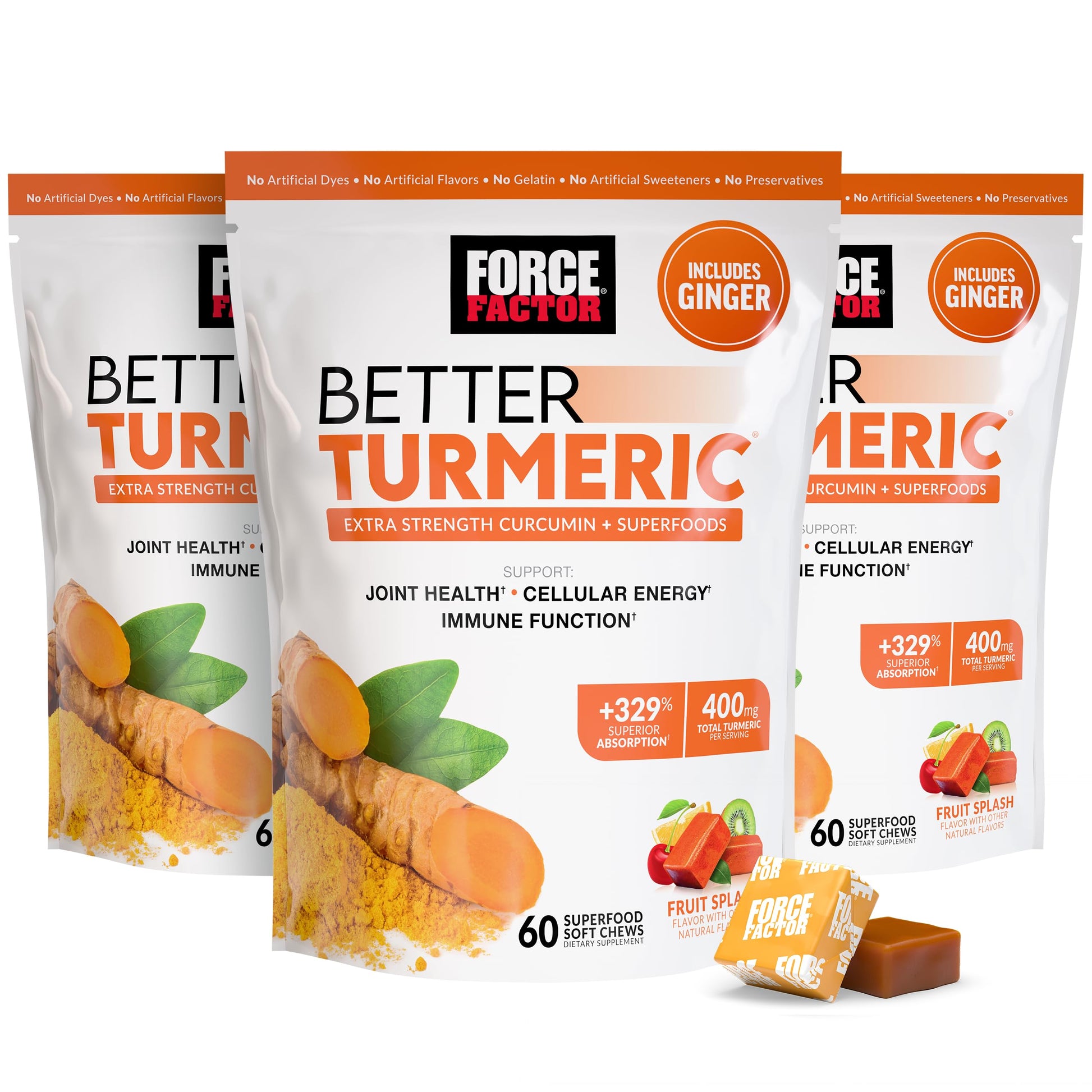 Force Factor Better Turmeric Joint Support Supplement for Extra Strength Joint Health, Featuring HydroCurc Turmeric Curcumin with Black Pepper for Superior Absorption, Fruit Splash Soft Chews 180
