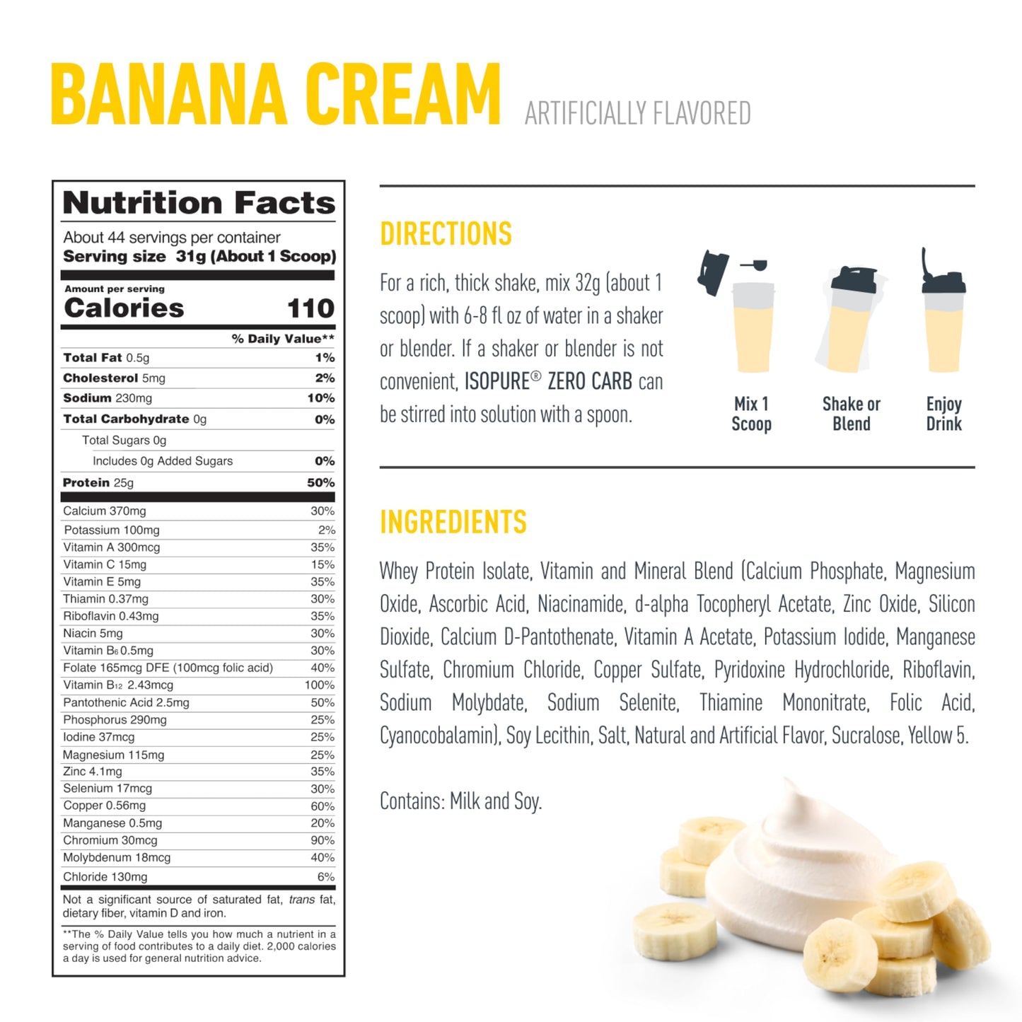 Isopure Zero Carb 100% Pure Whey Isolate Protein Powder Banana Cream, 3 lb, 48 Servings