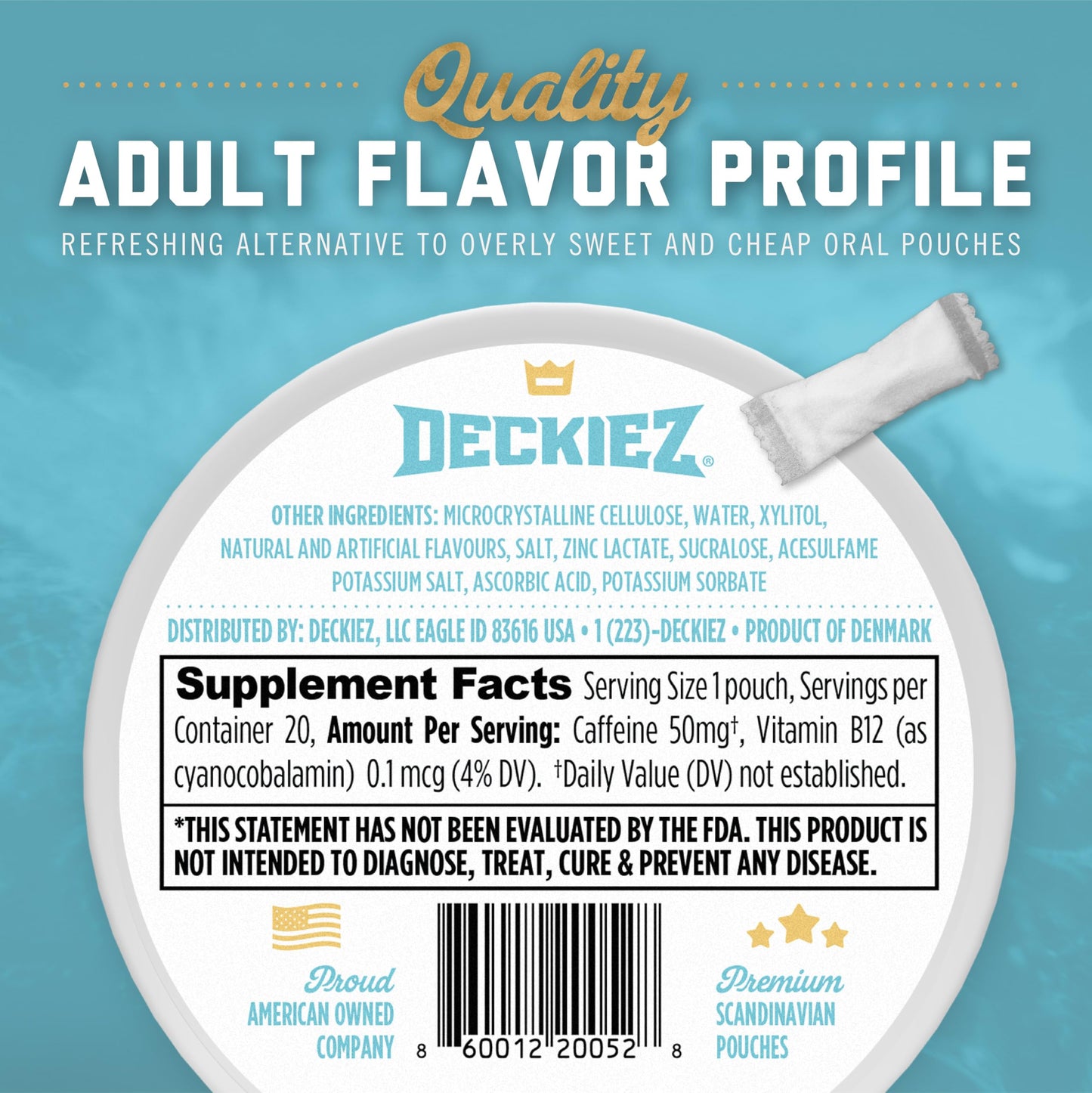 Deckiez Caffeine Pouches Chewable, Mint Flavor, Sugar Free, 50 mg Caffeine per Pouch, 40 Pouches