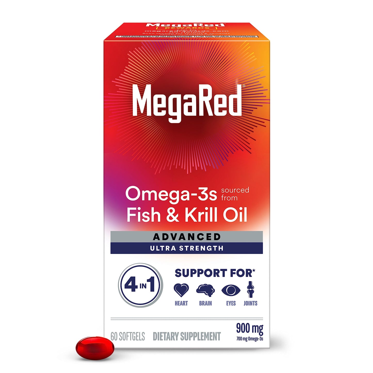 MegaRed Omega-3 Fish & Krill Oil Supplement 900mg Softgel, 60 Count