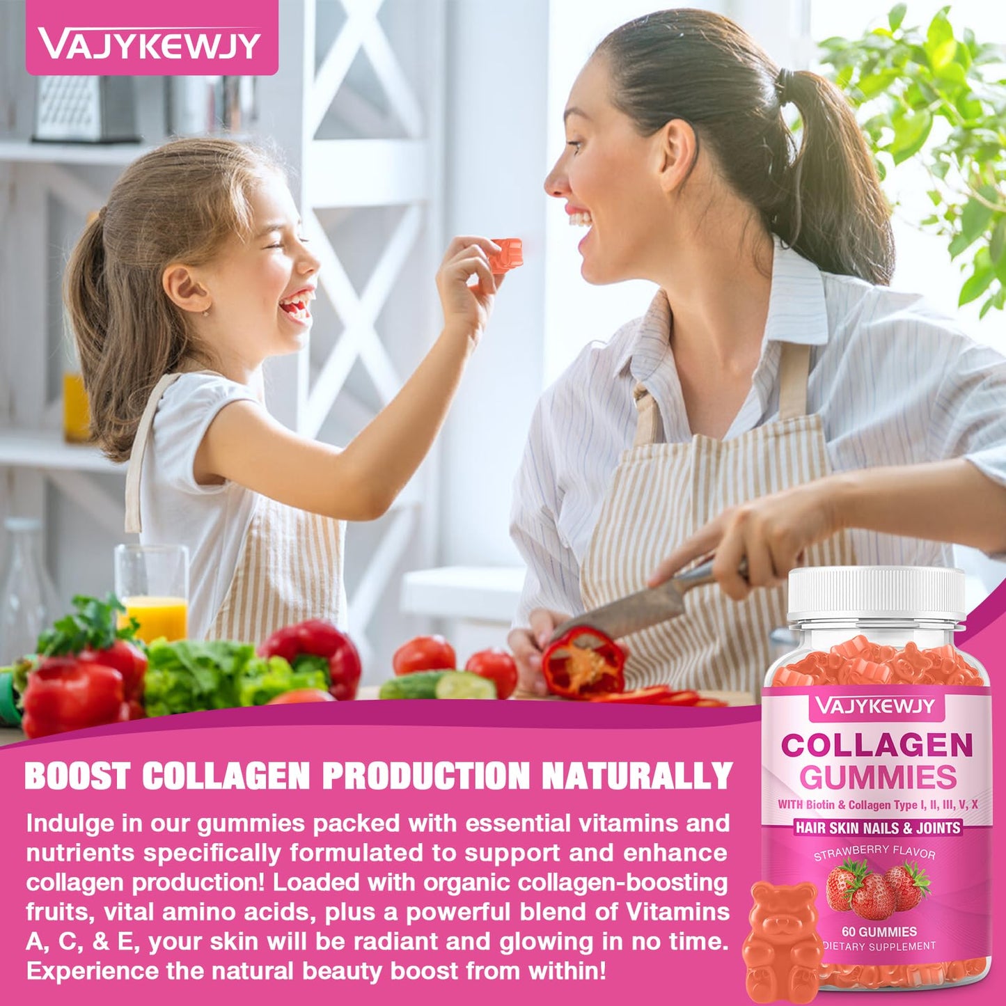 VAJYKEWJY Vegan Collagen Gummies for Women & Men - with Biotin, Vitamin C, & Zinc for Skin Radiance, Hair Growth, Strong Nails, & Joint Support, 60 Count