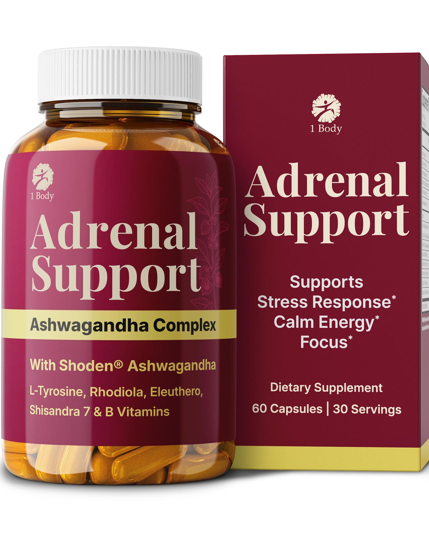 1 Body Adrenal Support Complex with Ashwagandha & Adaptogens, 60 Capsules