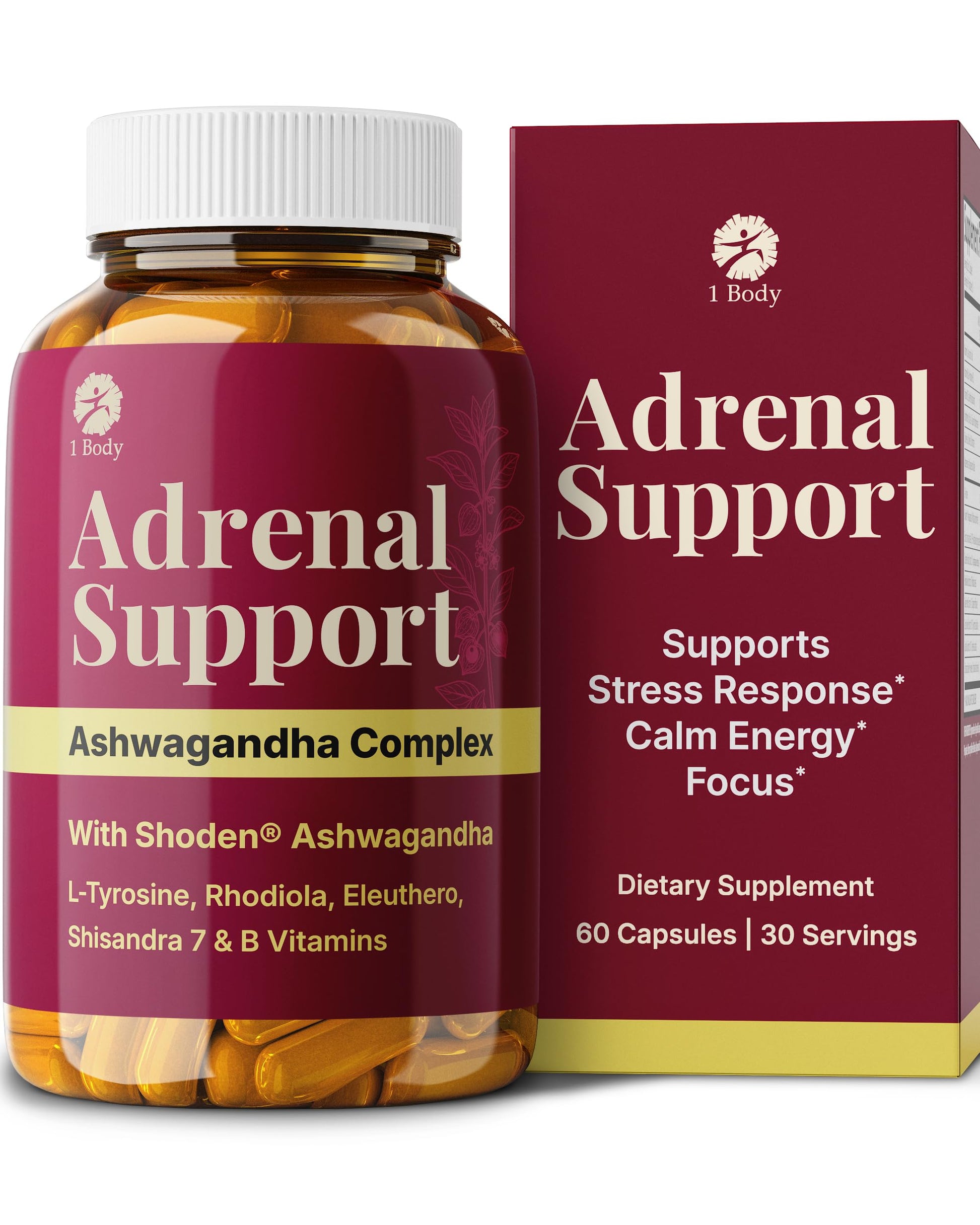 1 Body Adrenal Support Complex with Ashwagandha & Adaptogens, 60 Capsules