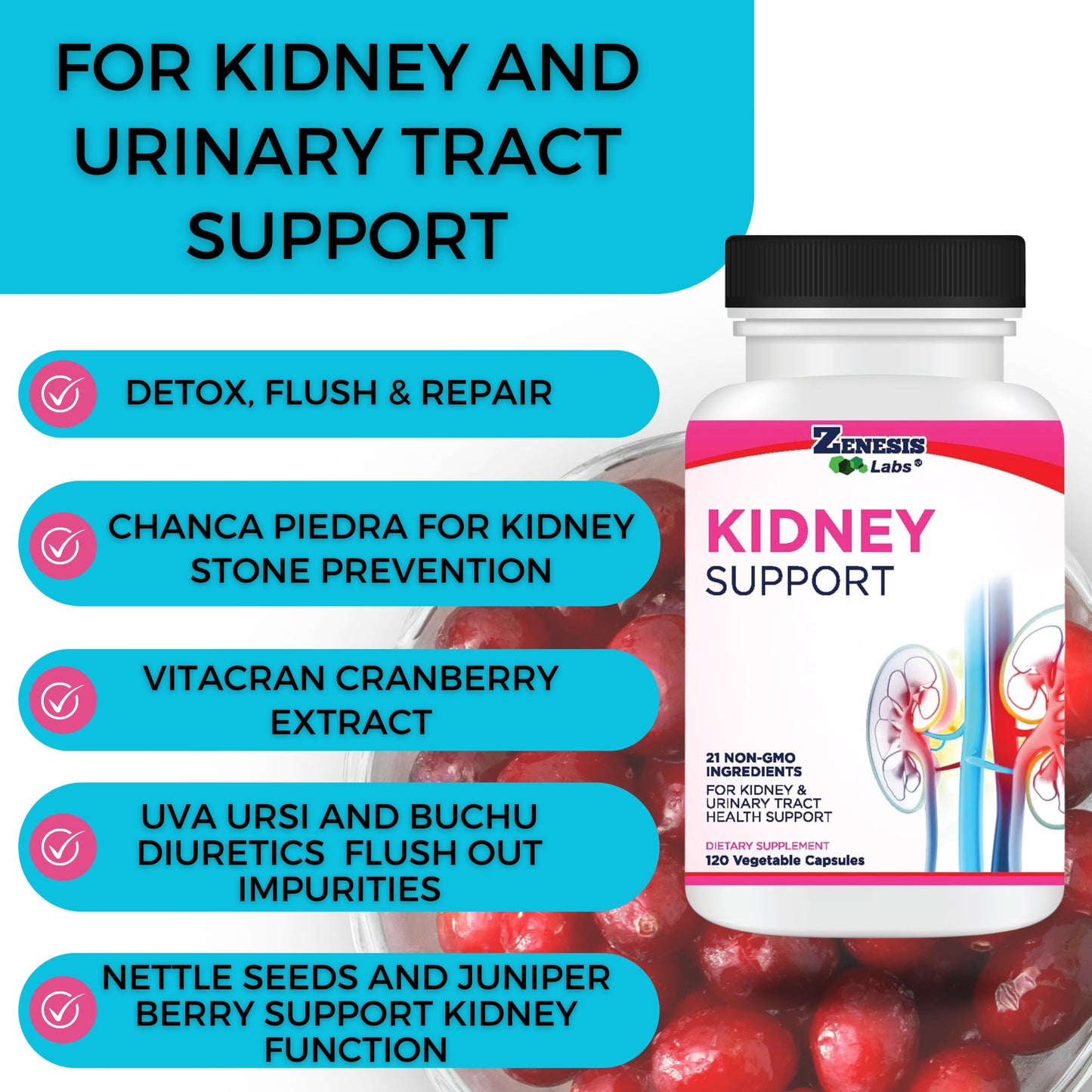 Zenesis Labs Kidney Cleanse Detox Flush & Repair Urinary Tract Support Cranberry Herbal Supplement Blend Capsules, 120 Count
