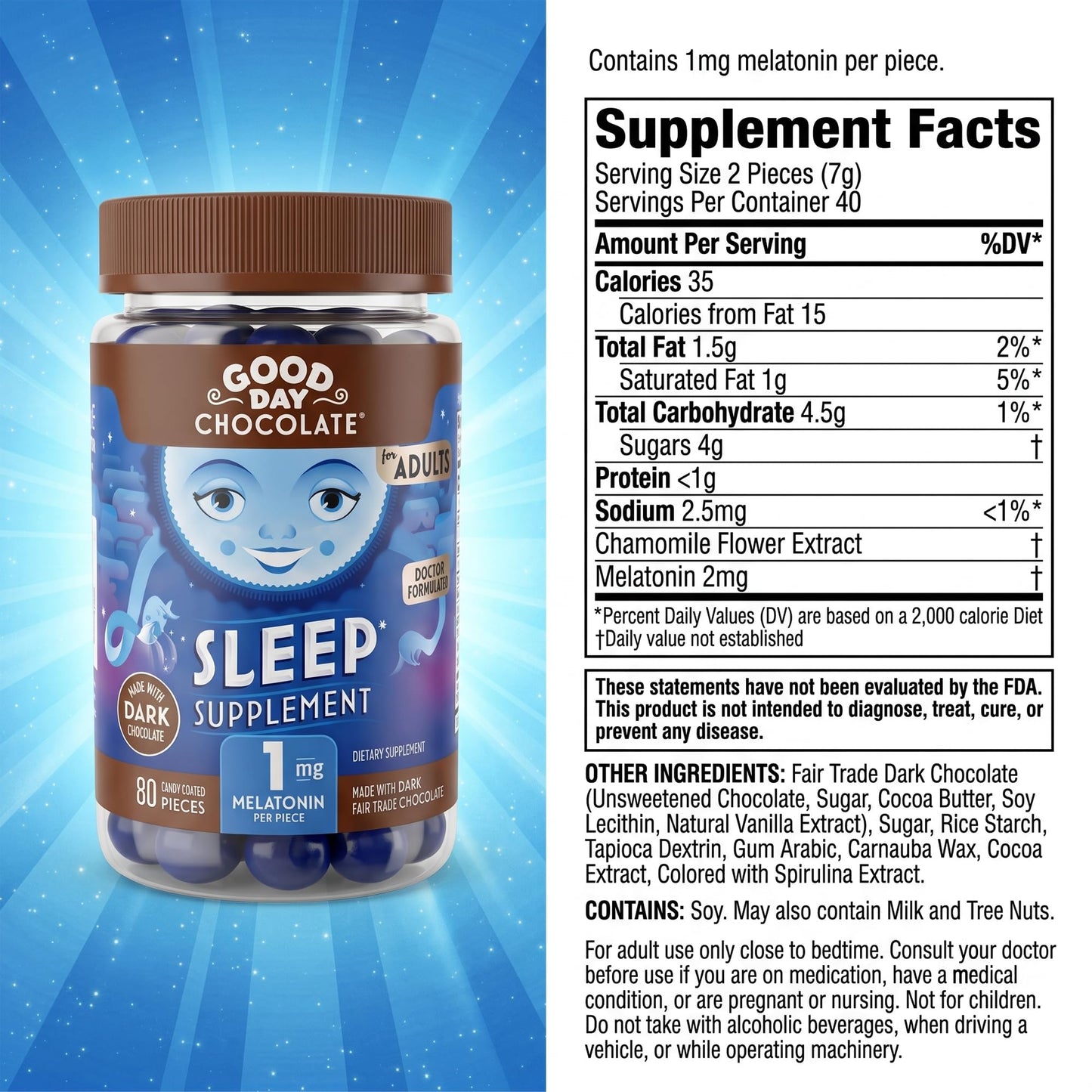 Good Day Chocolate Dark Chocolate Melatonin for Adults Chewable 80 Count