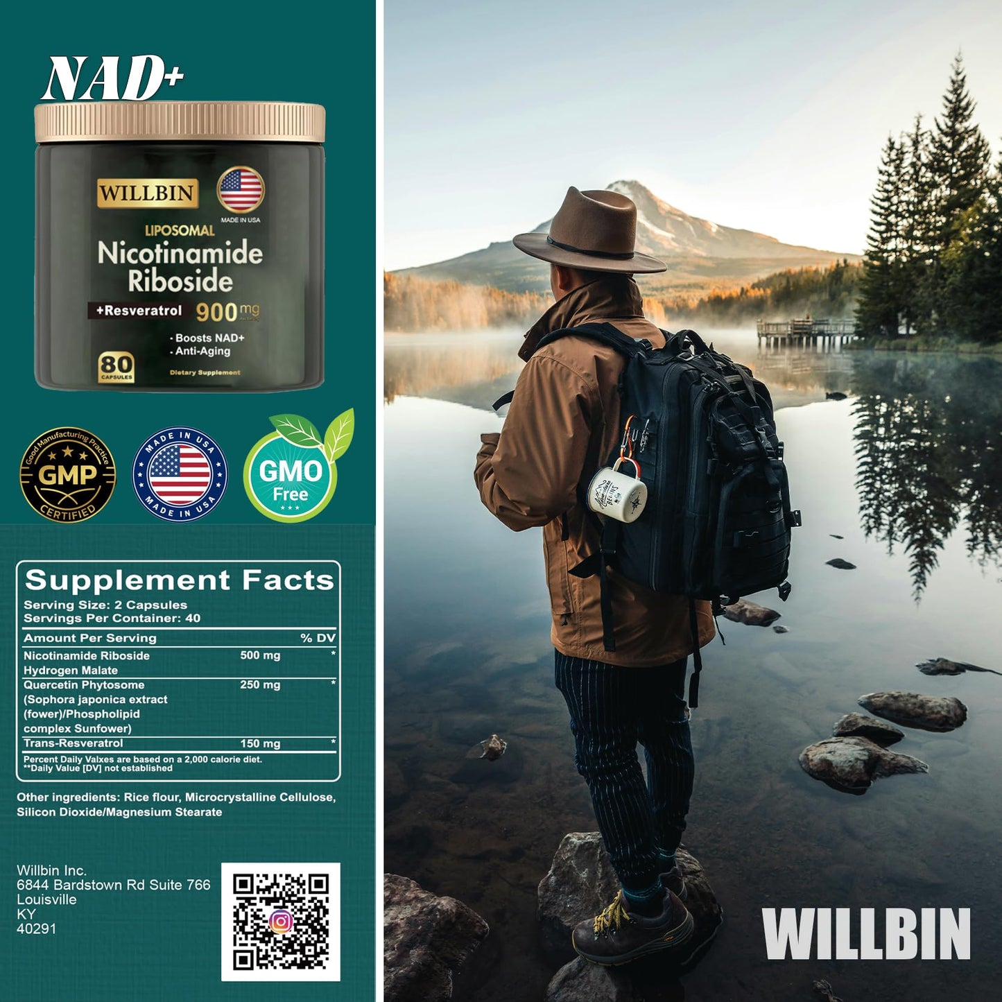 Willbin Liposomal NAD+ Supplement, 900mg Nicotinamide Riboside with Resveratrol, Anti-Aging Energy & Focus Support for Women & Men, 80 Capsules