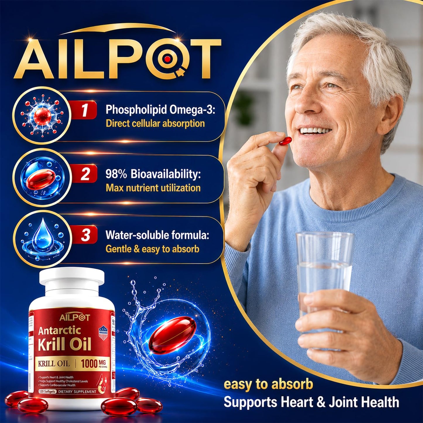 AILPOT Antarctic Krill Oil 1000mg Omega-3 Supplement with EPA, DHA High Absorption Softgel, 120 Count