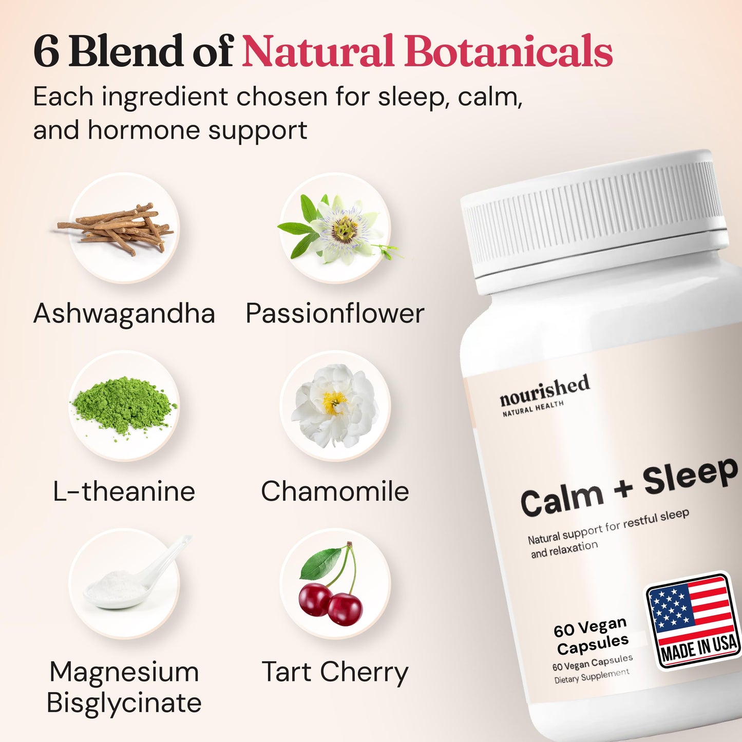 Nourished Natural Health Calm + Sleep – Relaxation & Melatonin-Free Sleep Supplement for Women, Cortisol Support with Ashwagandha, L-Theanine, Magnesium & Valerian Root – Vegan & Non-GMO, 180 Capsules