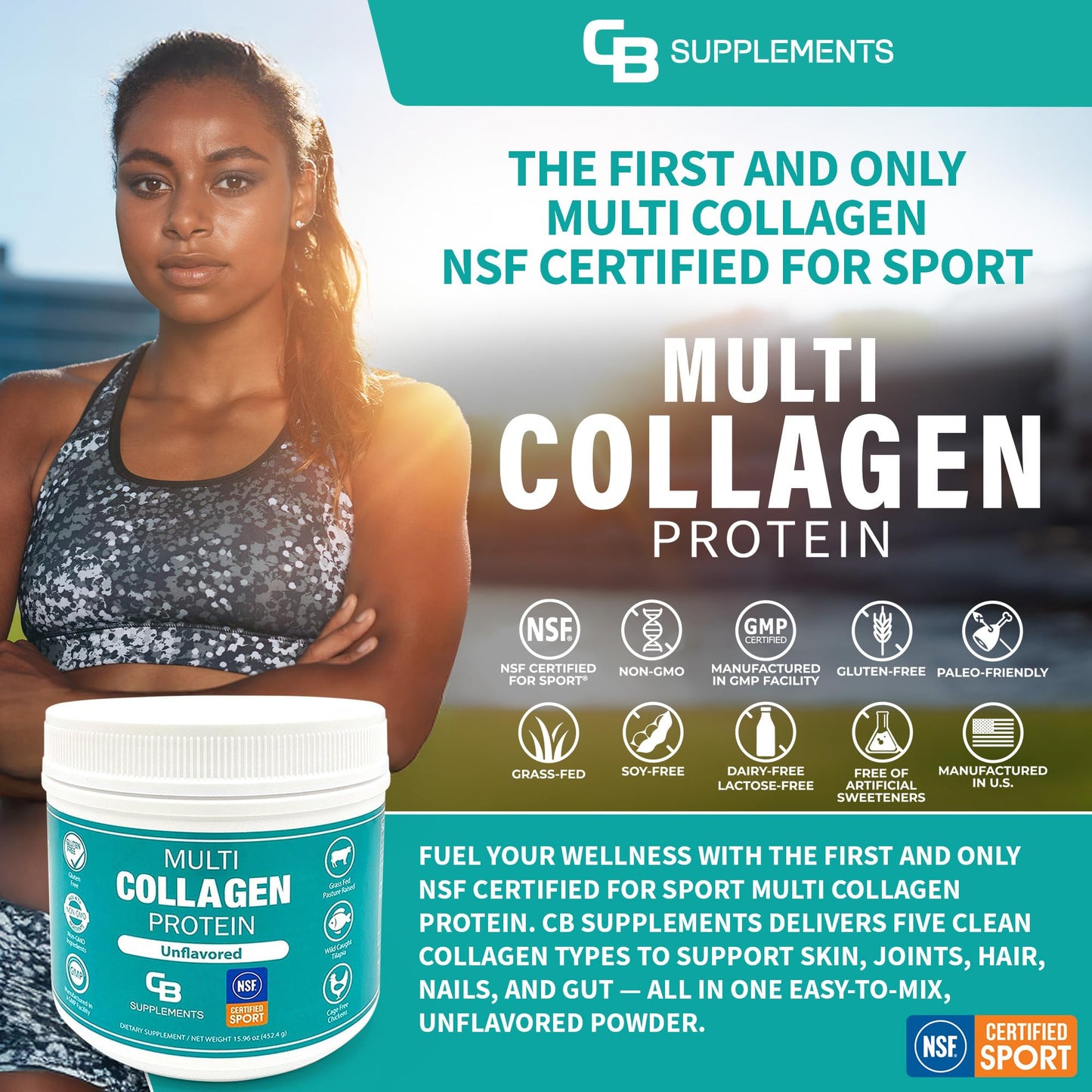 CB Supplements NSF Certified for Sport Multi Collagen Protein Powder, 15.9 oz