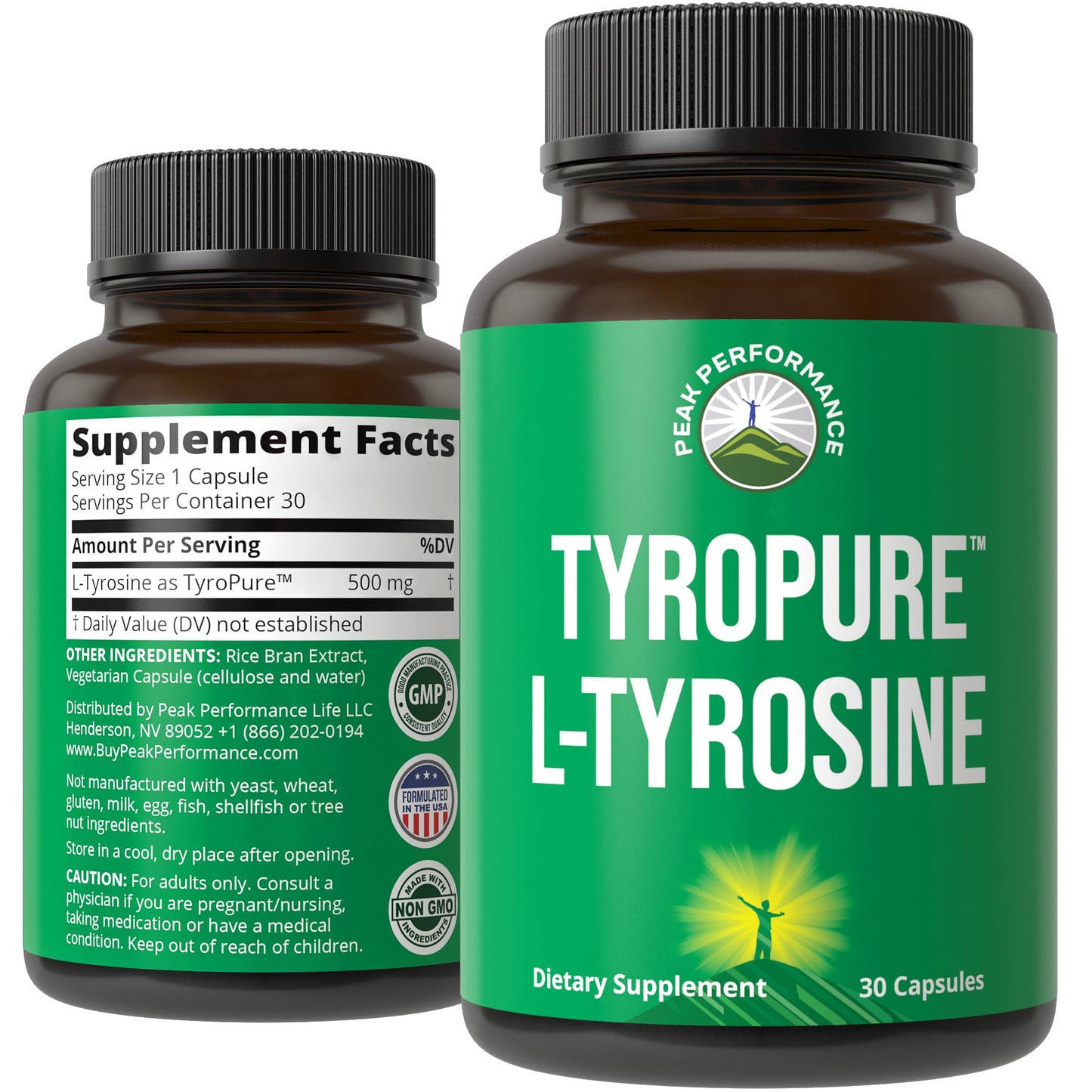 Peak Performance TyroPure L Tyrosine 500mg Capsules Supplement More Bioavailable, 30 Count