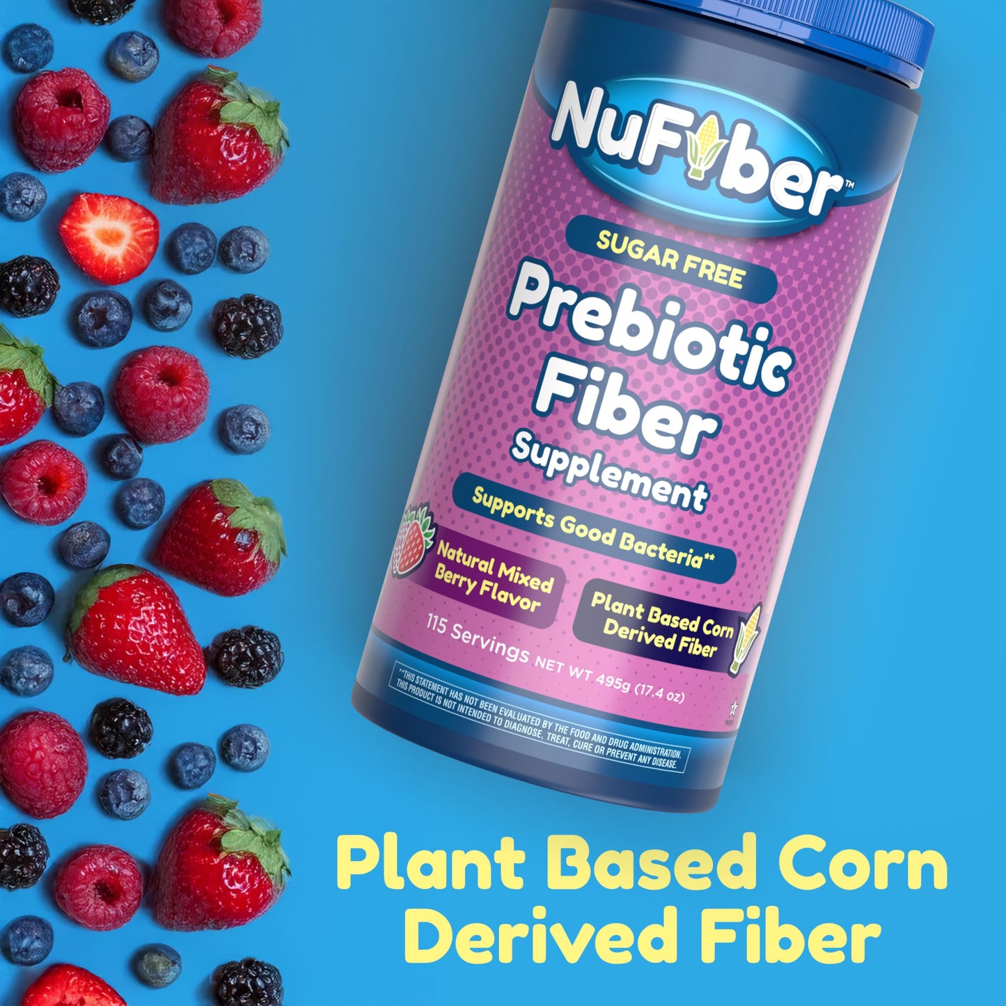 NuFiber Fiber Supplement, Daily Prebiotic Fiber, Natural Mixed Berry Flavor, Powder, 17.4 oz