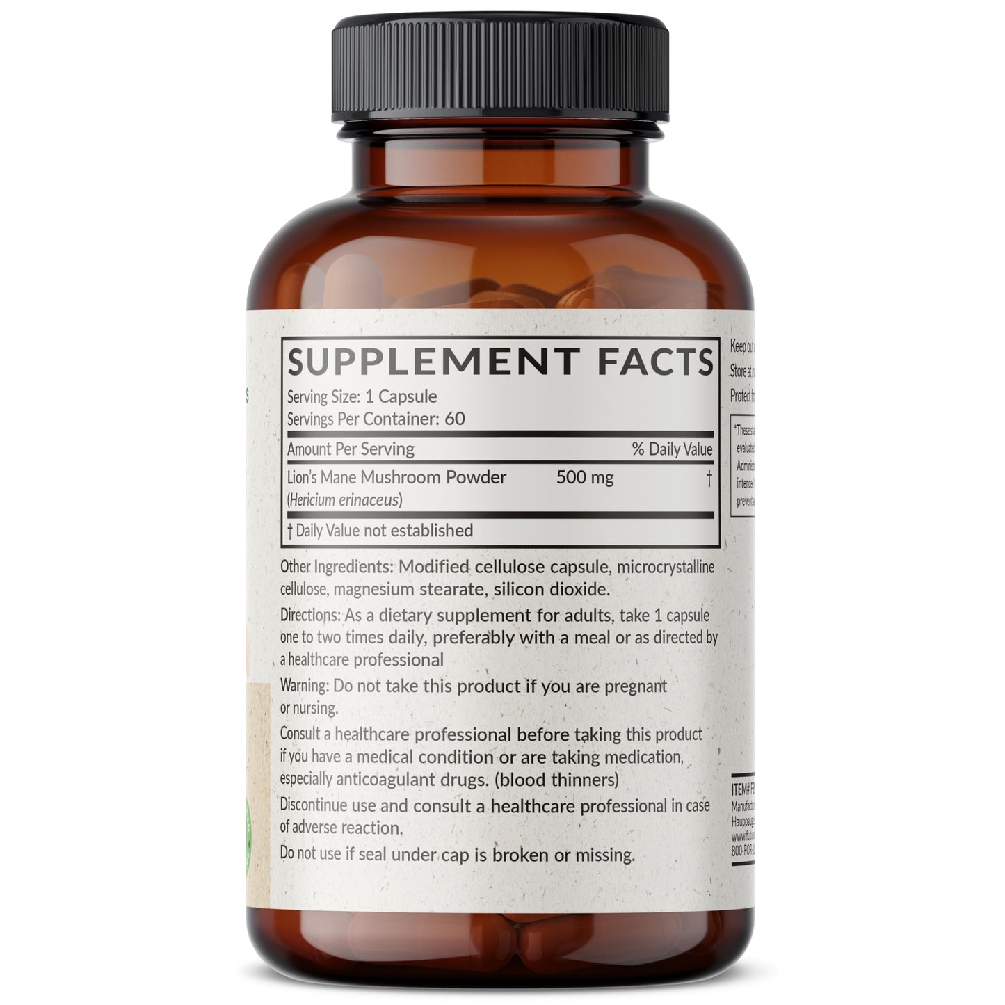 Futurebiotics Lion's Mane Mushroom 500 mg Vegan Friendly Formula, 60 Capsules