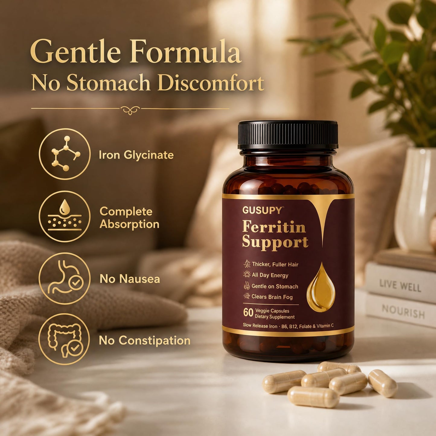 GUSUPY Women Daily Ferritin Supplement with Multivitamins, 60 Capsules