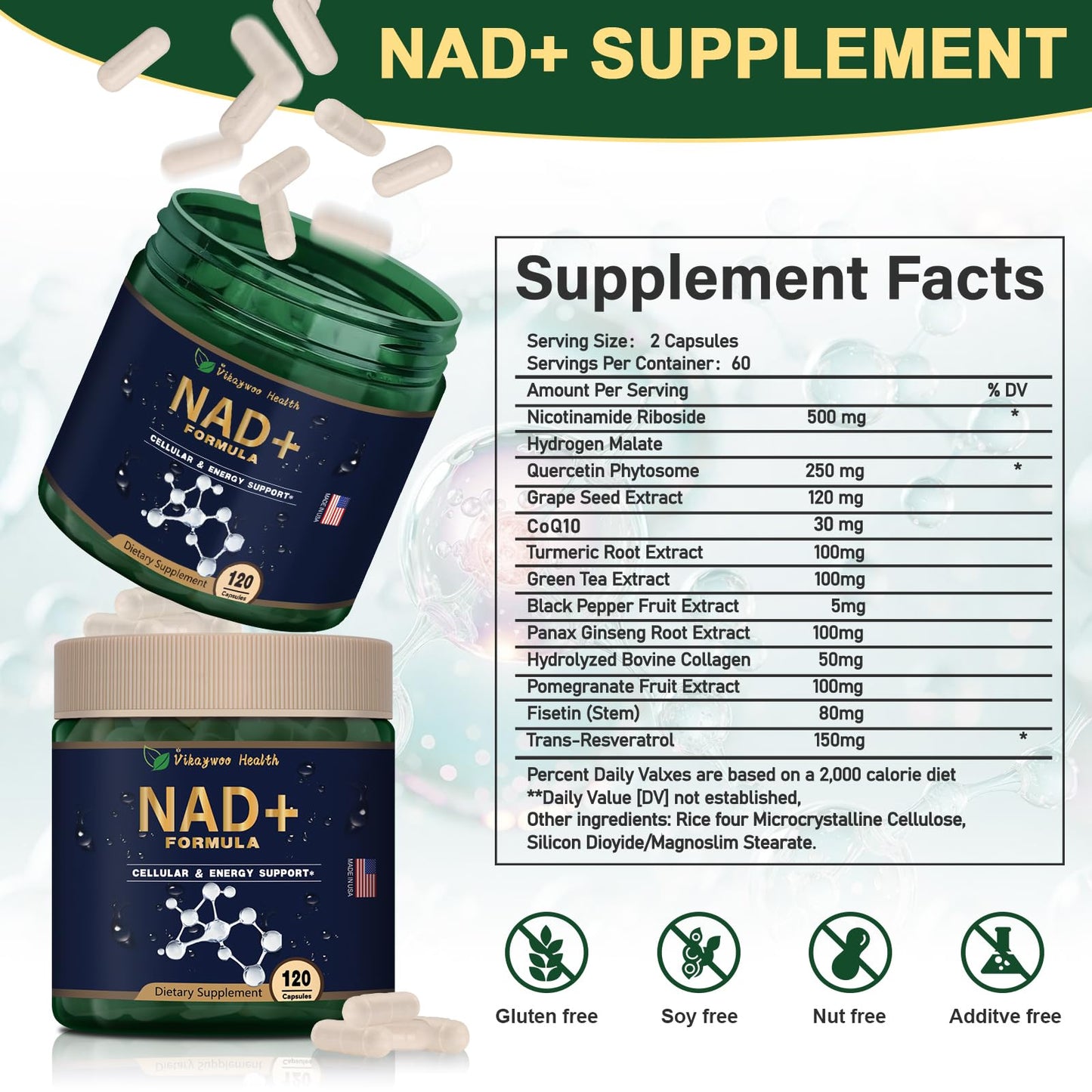 Vikaywoo NAD Supplement 1585 mg - True NAD & Resveratrol, NMN Alternative Liposomal NAD+ for Women & Men, 120 Capsules
