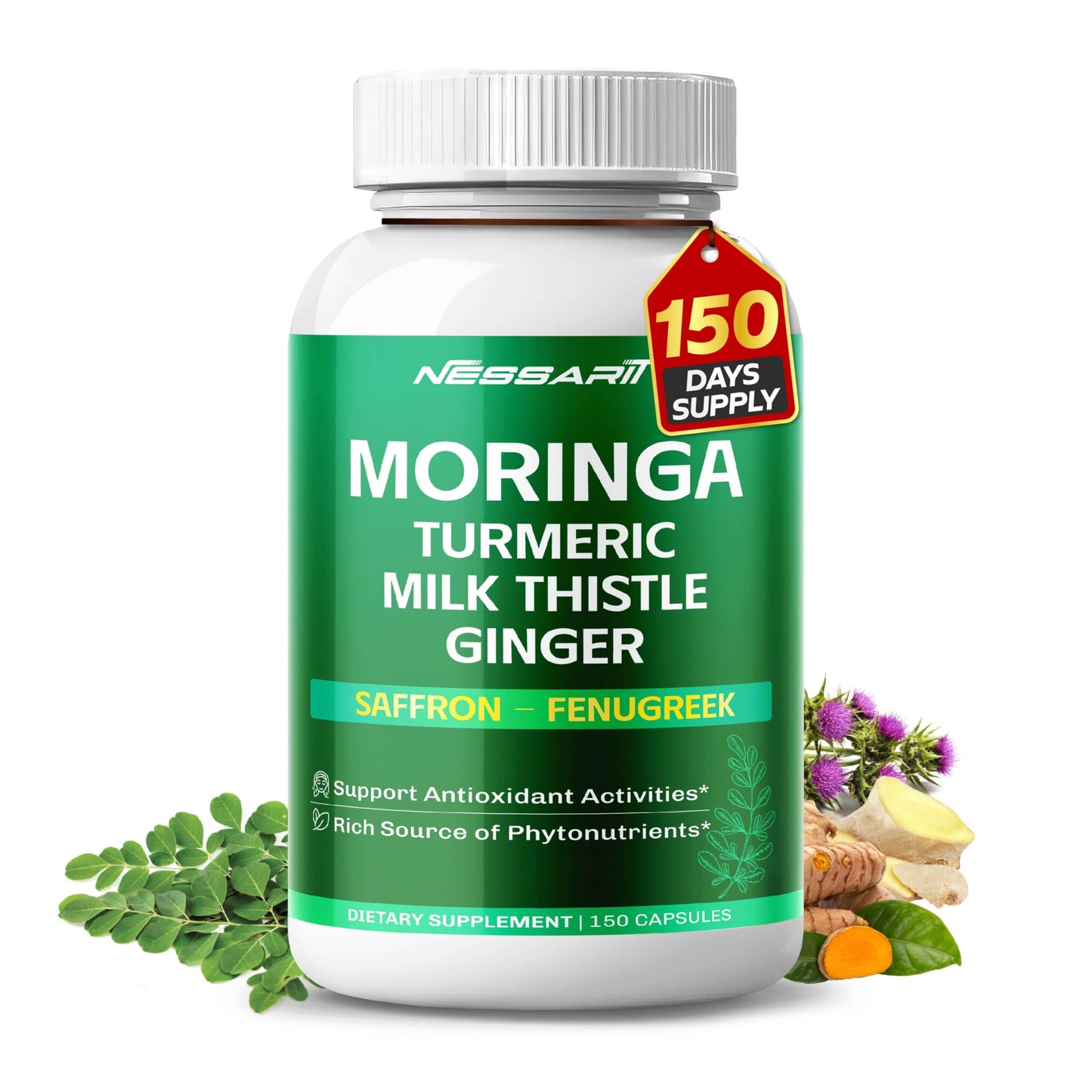 NESSARIT Moringa Supplement 10-in-1 Natural Blend with Turmeric Milk Thistle Ginger Saffron Fenugreek Holy Basil Ceylon Cinnamon Capsules, 150 Count