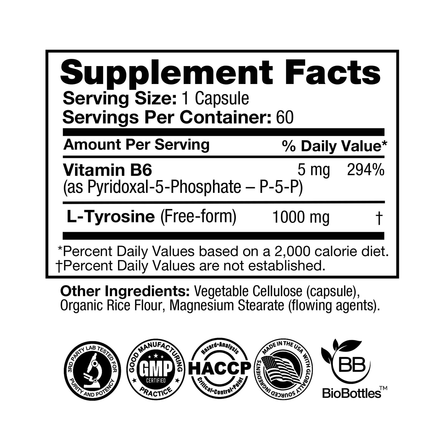 FeelGood Superfoods L-Tyrosine with Vitamin B6 (P-5-P) 1000 mg Capsule, 60 Count