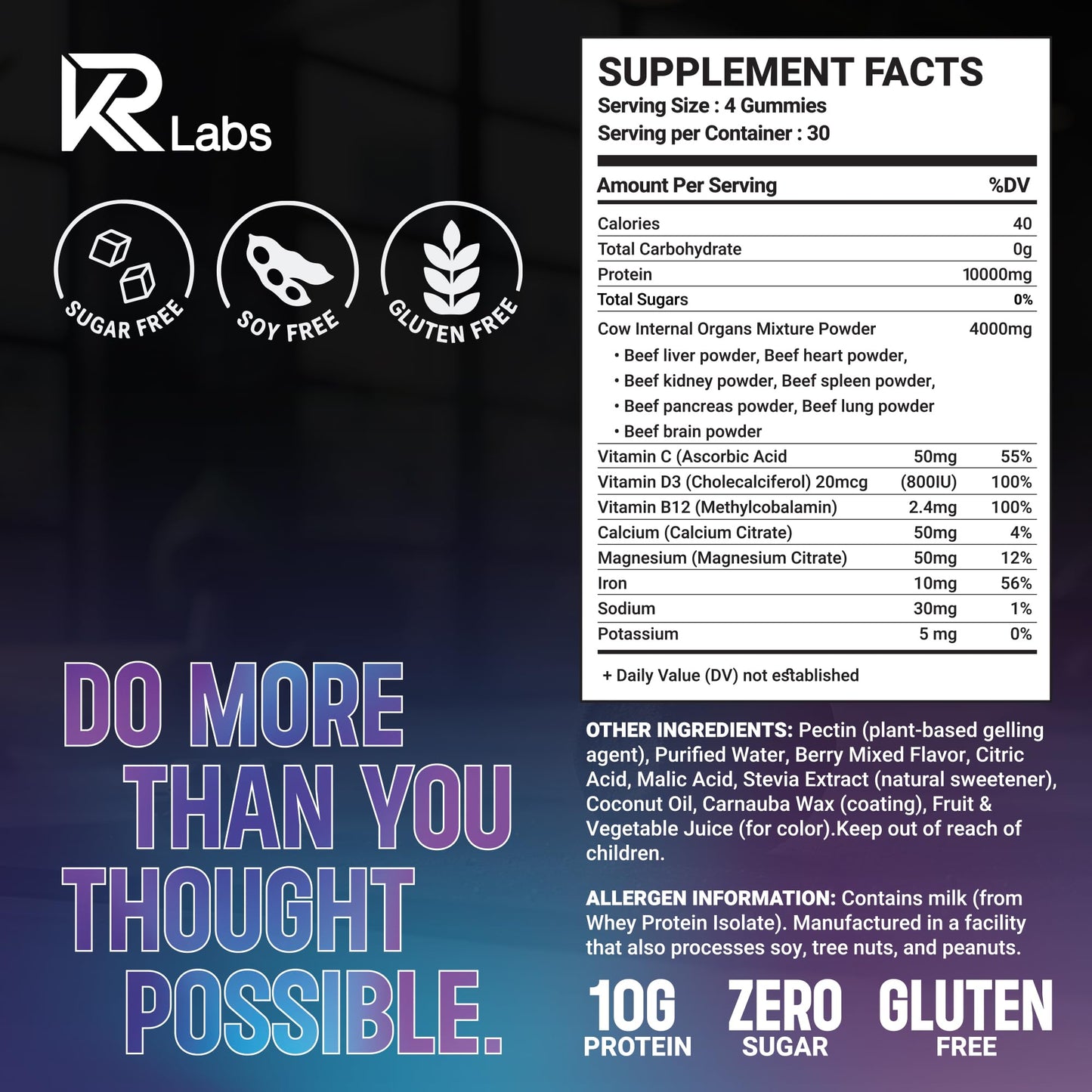 KR Labs Grass-Fed Beef Whey Isolate Protein Gummies, Keto, Mixed Berry, Pack of 120