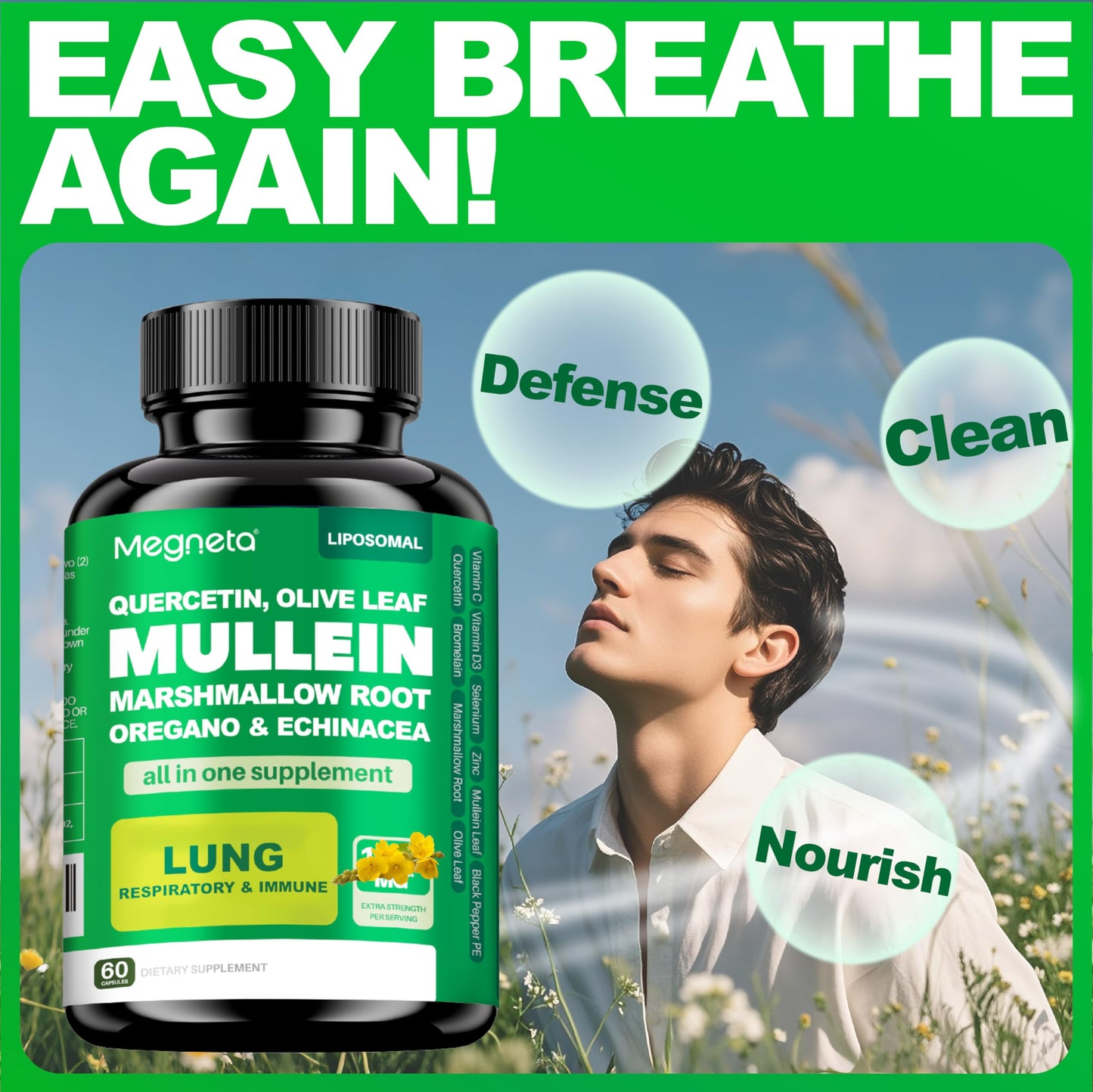 MEGNETA Lung Cleanse Supplement - Natural Mullein Leaf Capsules, 60 Count