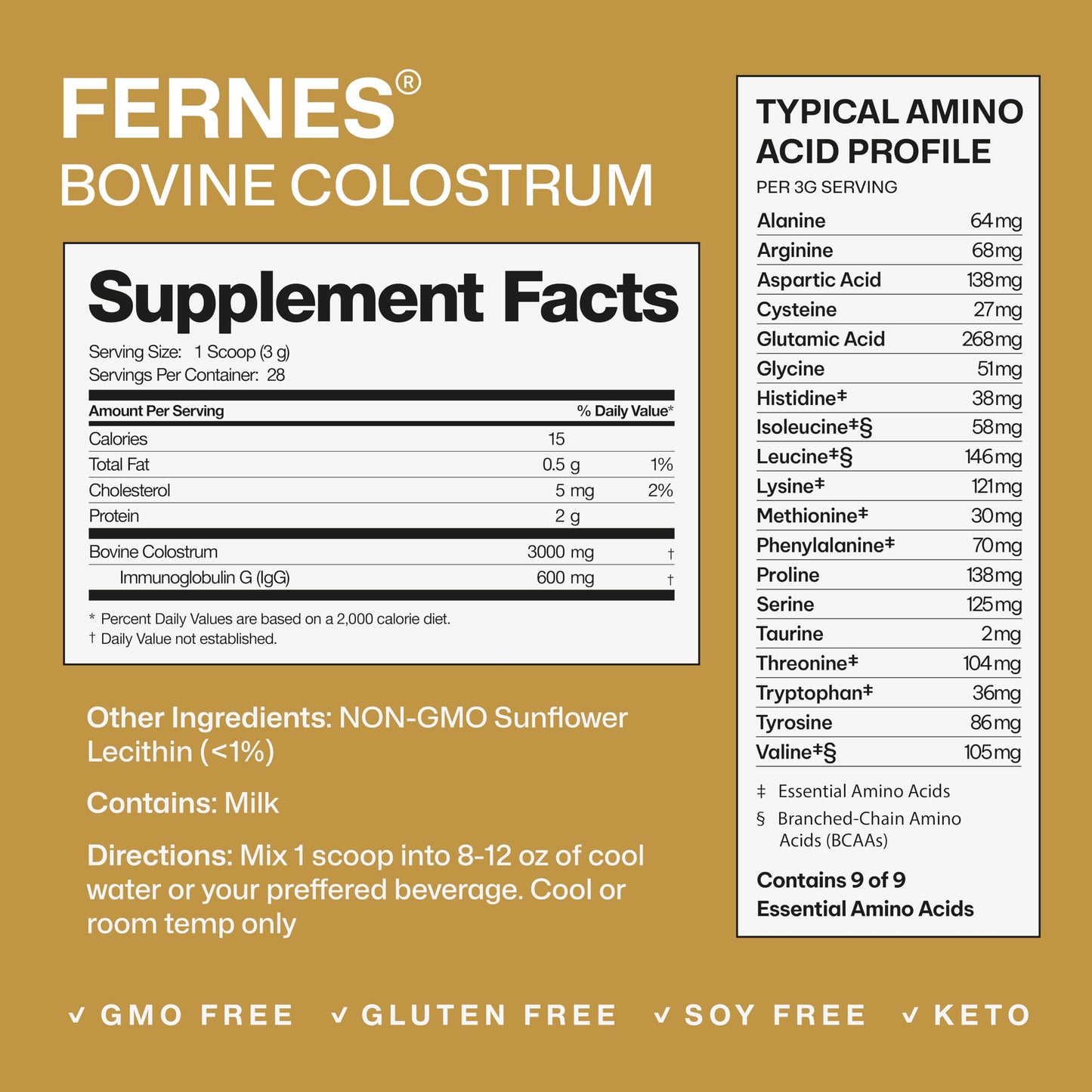 Fernes Grass Fed Whole Bovine Colostrum Powder, 2.96 oz